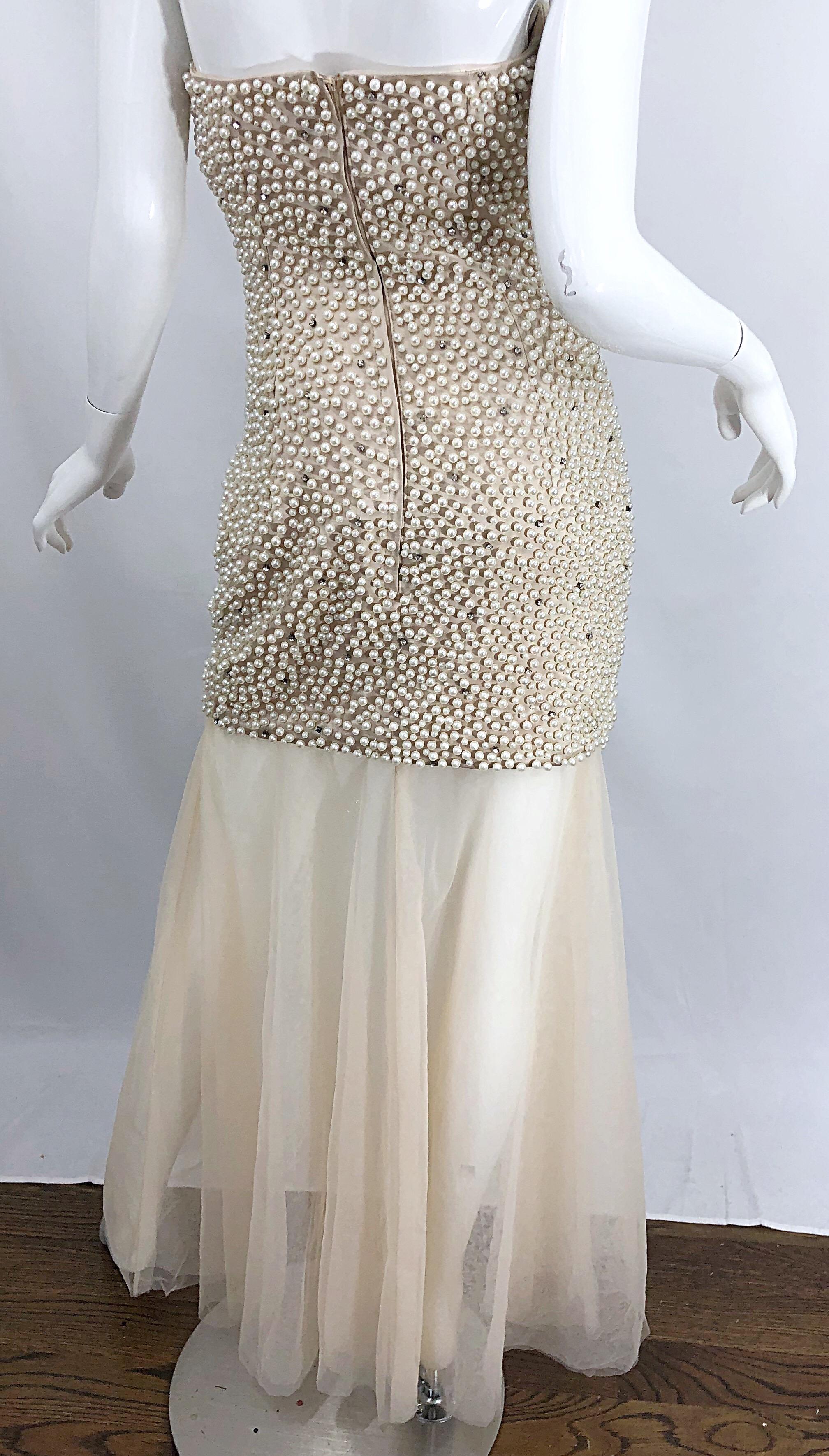 Phenomenal 1980s Couture Pearl + Rhinestone Encrusted Strapless Beige 80s Gown 9