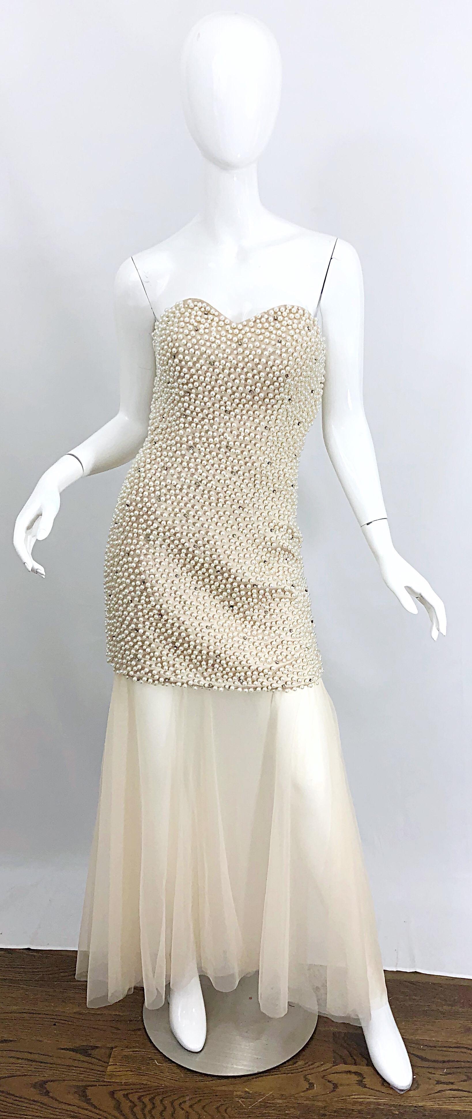 Phenomenal 1980s Couture Pearl + Rhinestone Encrusted Strapless Beige 80s Gown 10
