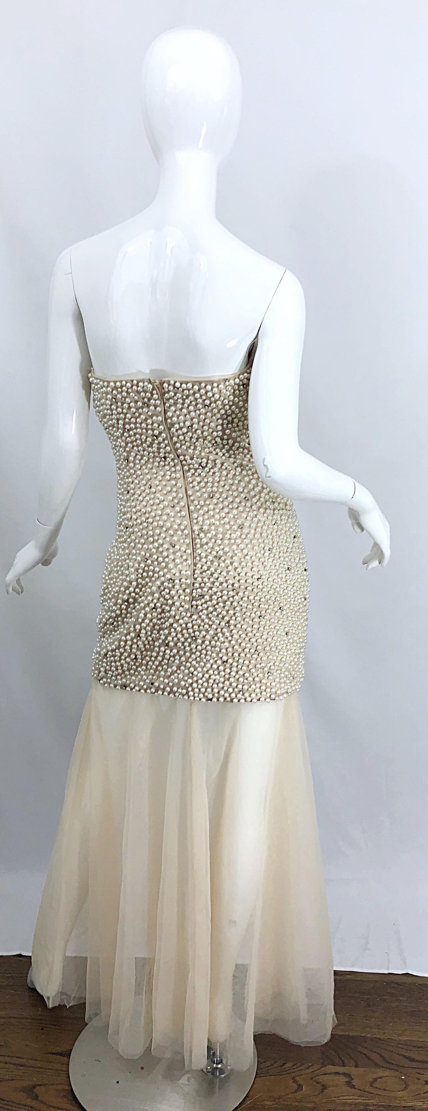 Phenomenal 1980s Couture Pearl + Rhinestone Encrusted Strapless Beige 80s Gown In Excellent Condition In San Diego, CA
