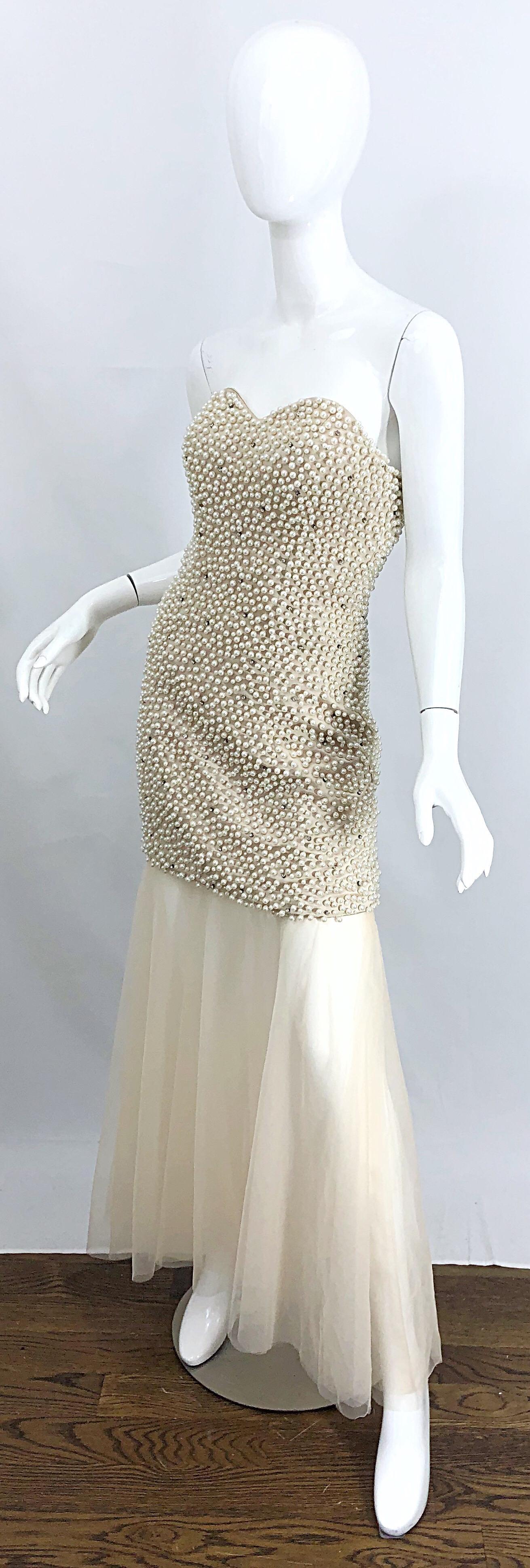 Women's Phenomenal 1980s Couture Pearl + Rhinestone Encrusted Strapless Beige 80s Gown