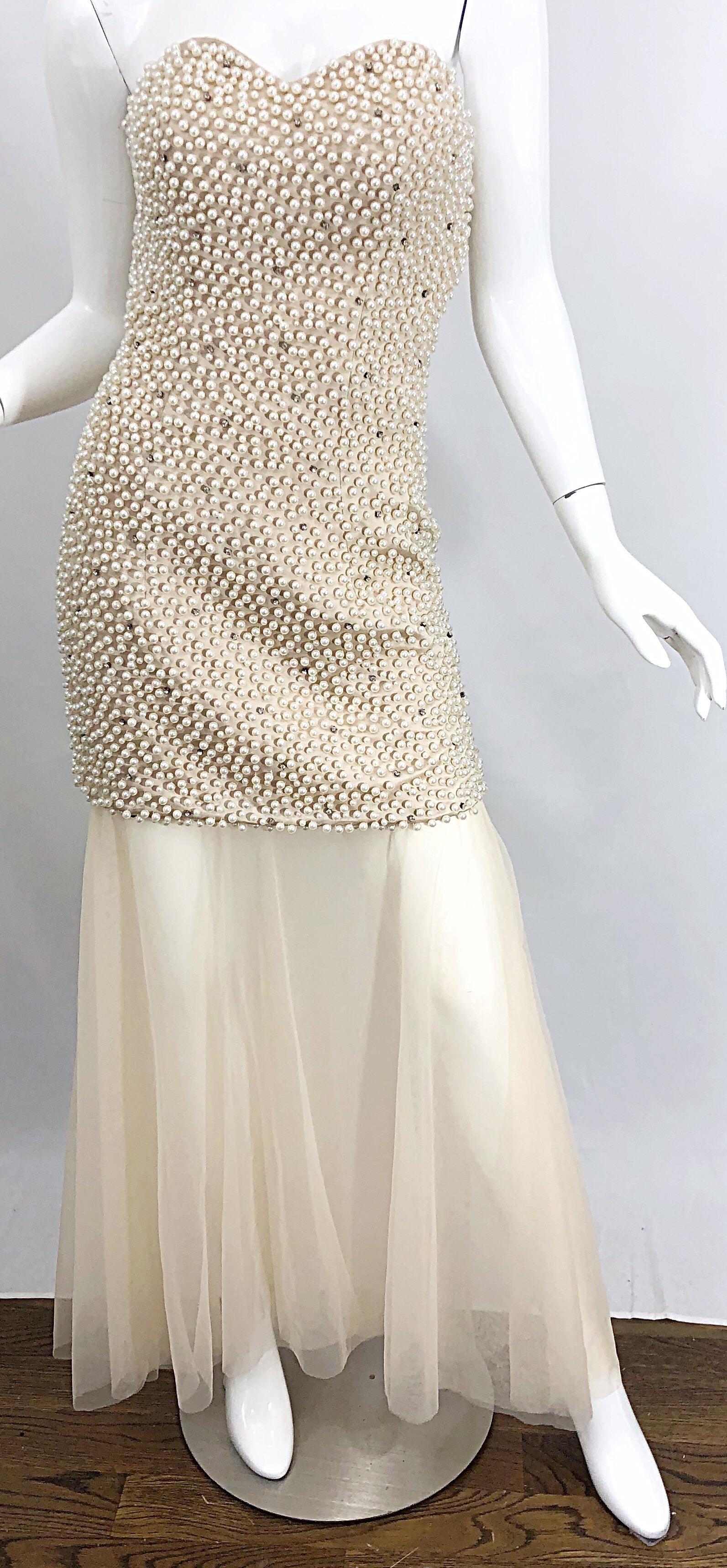 Phenomenal 1980s Couture Pearl + Rhinestone Encrusted Strapless Beige 80s Gown 1