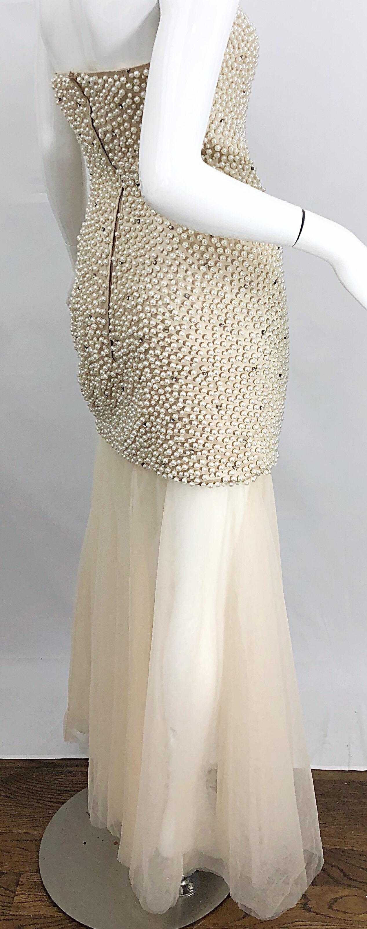 Phenomenal 1980s Couture Pearl + Rhinestone Encrusted Strapless Beige 80s Gown 2