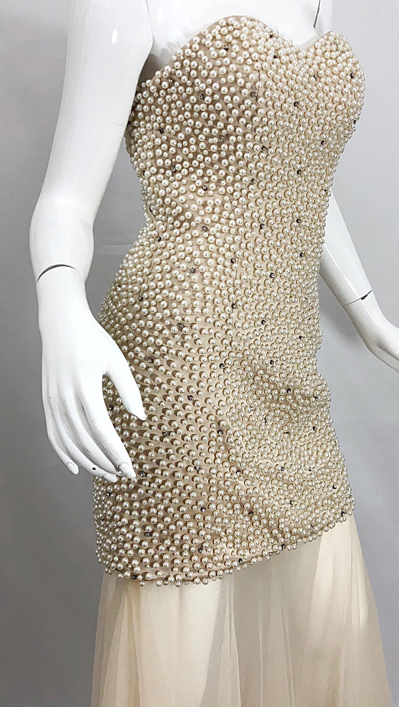 Phenomenal 1980s Couture Pearl + Rhinestone Encrusted Strapless Beige 80s Gown 4