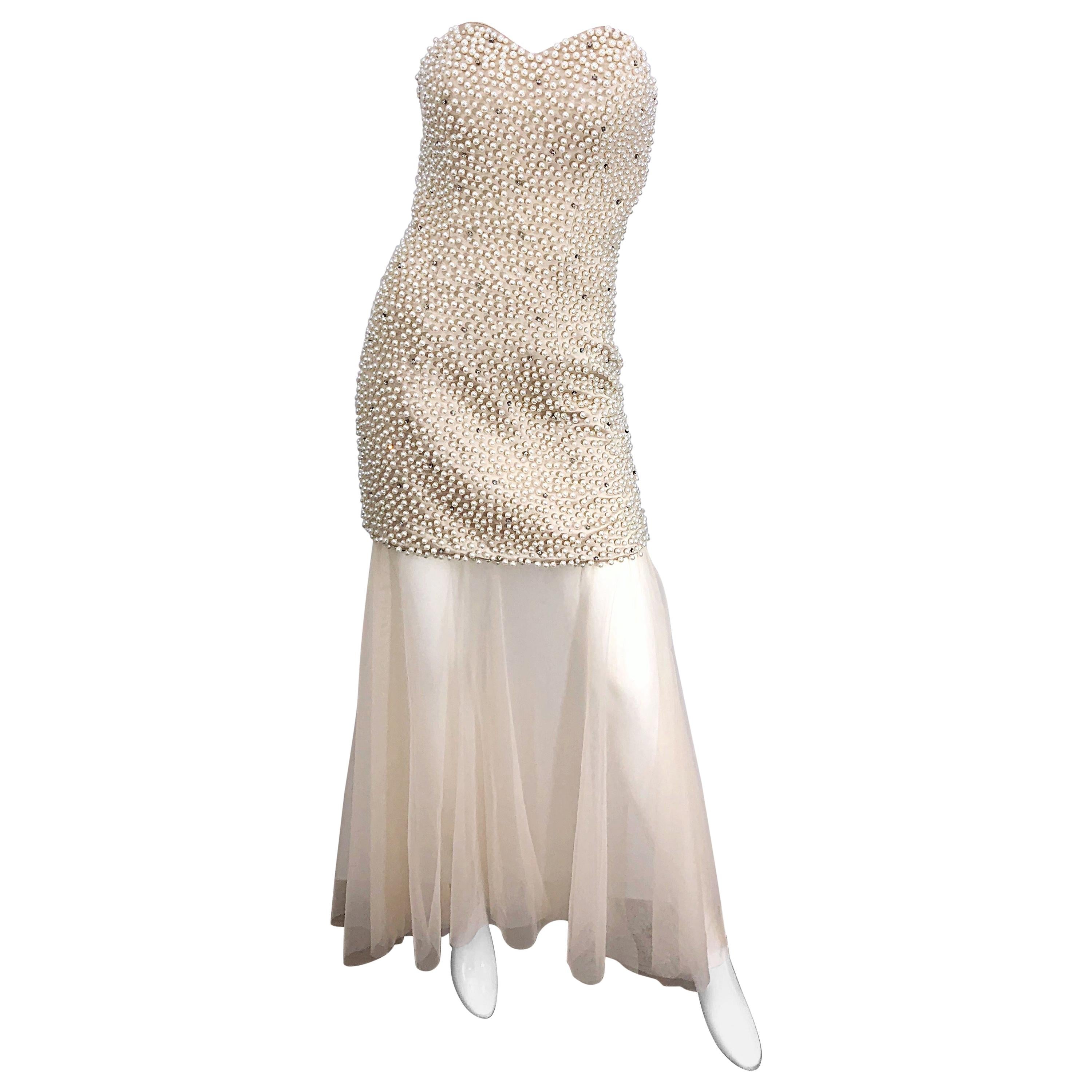 Phenomenal 1980s Couture Pearl + Rhinestone Encrusted Strapless Beige 80s Gown