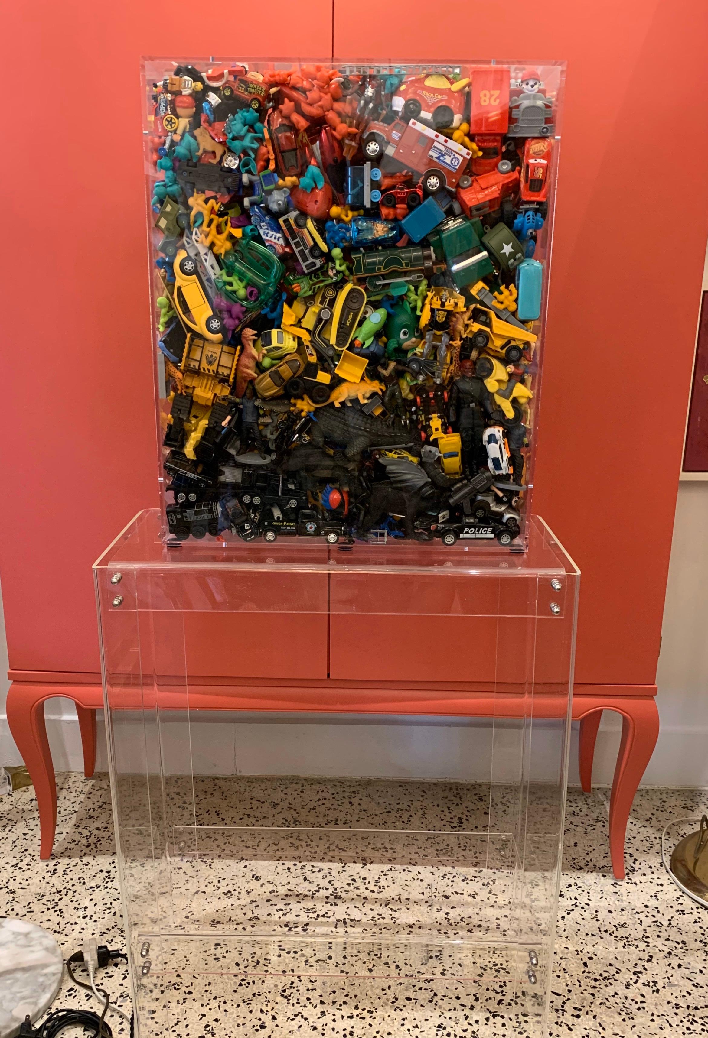 Phenomenal Collection of Toys Encased in a Lucite Box by J. Santamarina For Sale 2