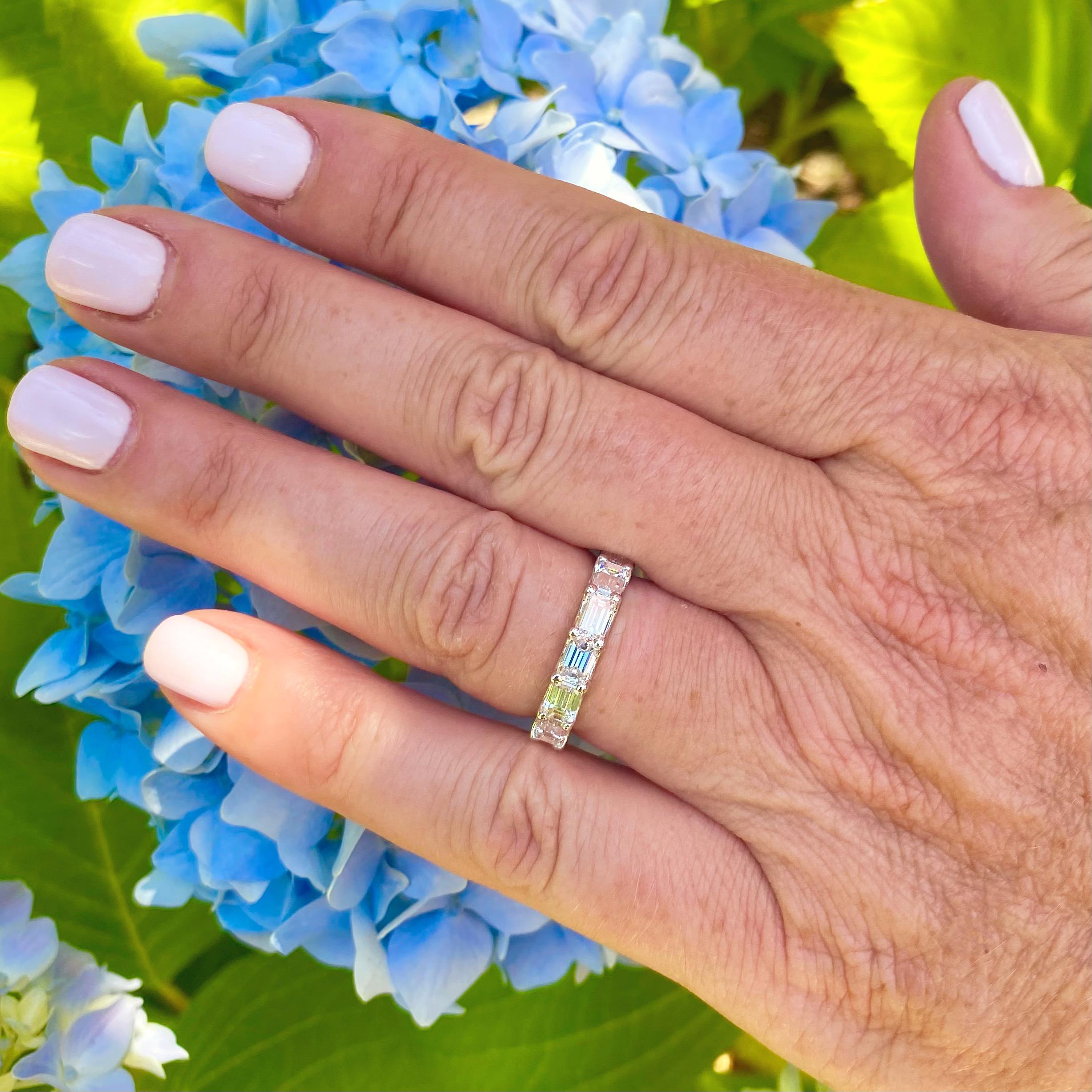There are eternity bands, and then there's THIS eternity band. With 4.49 carats of extremely fine emerald cut diamonds perfectly set in an 18 karat white gold ring, this one is sure to turn heads. The 14 stones average H-I color and VS clarity,
