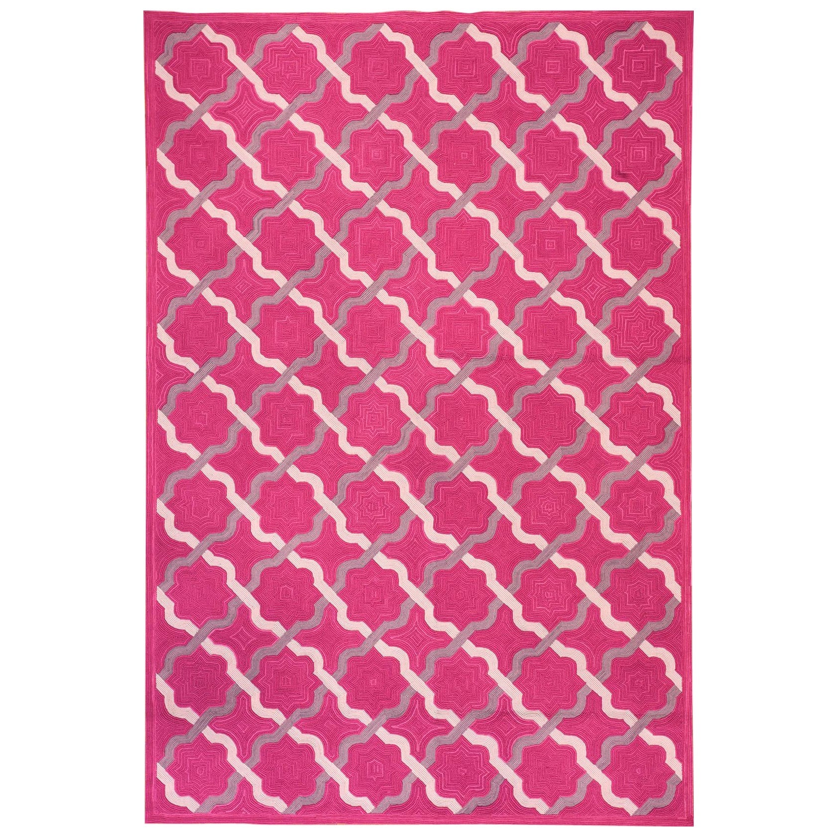 Phenomenal Red-Raspebery Geometric Pattern Contemporary American Hooked Rug 6x9