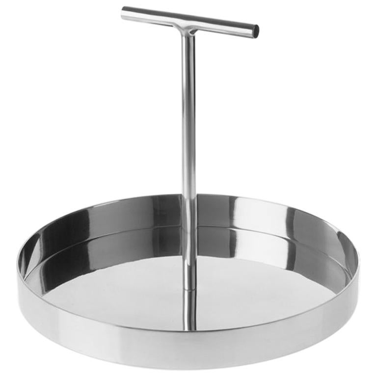 Phil Circular Tray in Polished Aluminium with a T-Shape Handle by Bijou Jain For Sale