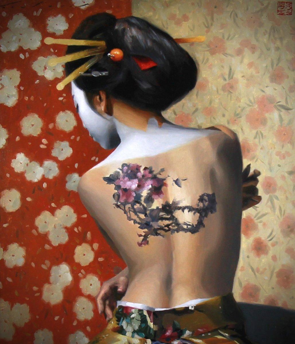 Oil On Canvas, Naked Back Portrait Of A Geisha - Painting by Phil Couture