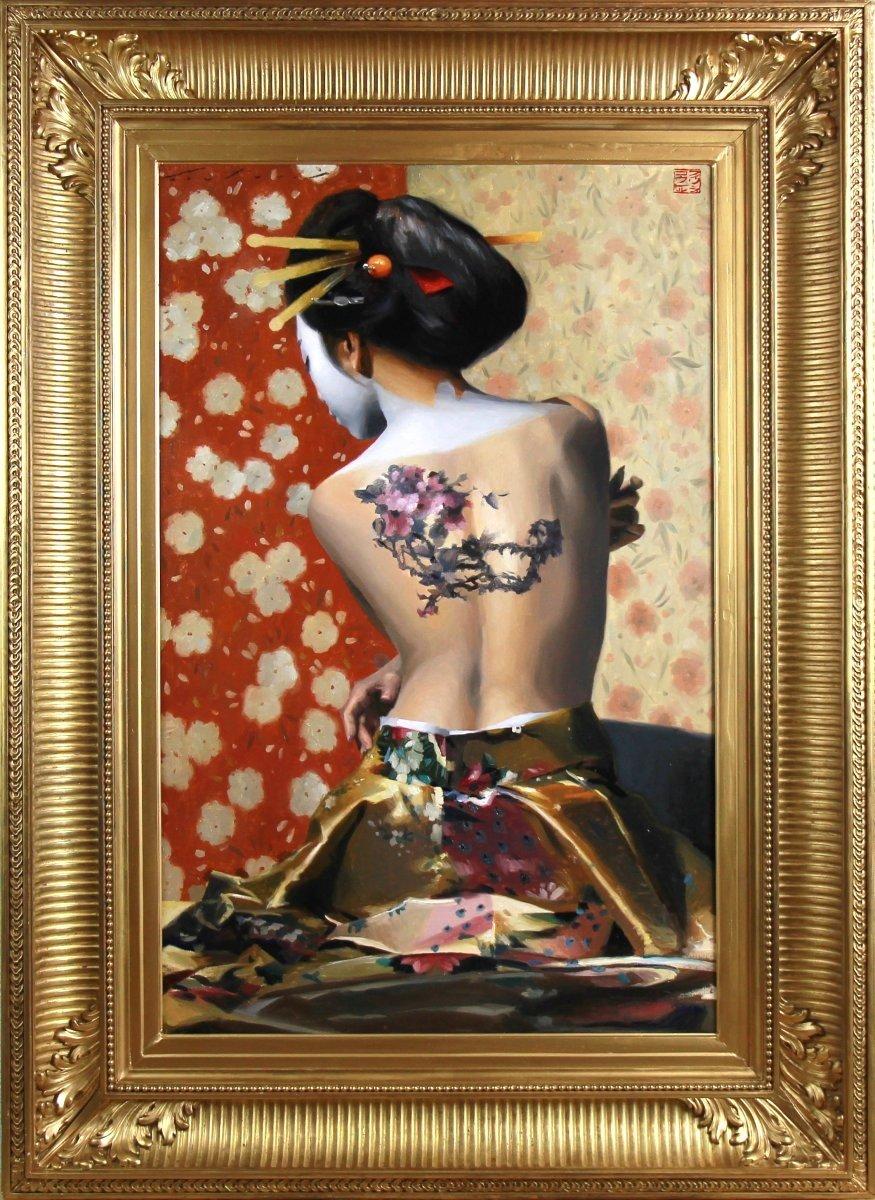 Huile sur toile, portrait d'une Geisha