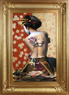 Huile sur toile, portrait d'une Geisha