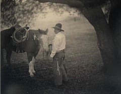 Big Oak, Cowboy with Horse by Tree Sepia Toned