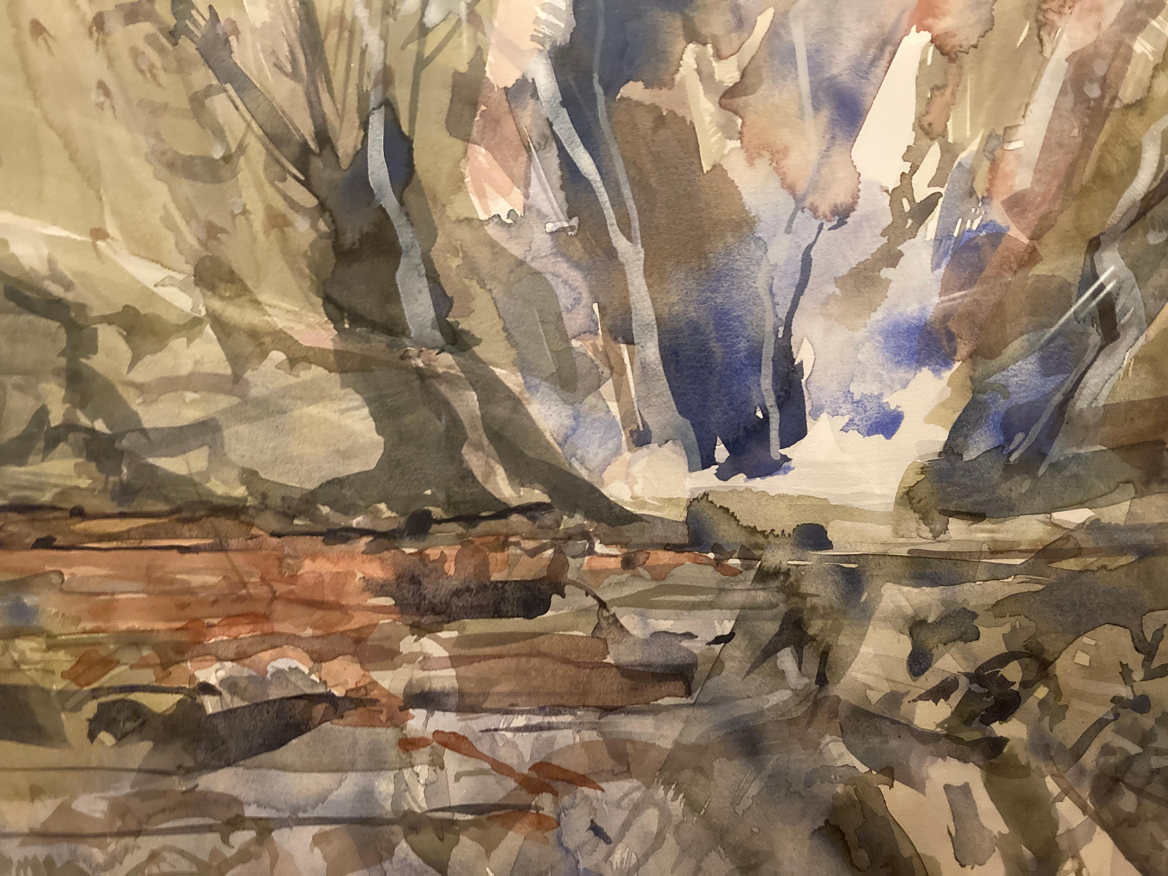 Peinture abstraite à l'aquarelle, rappelant des éléments de géologie, de cours d'eau et de flore.