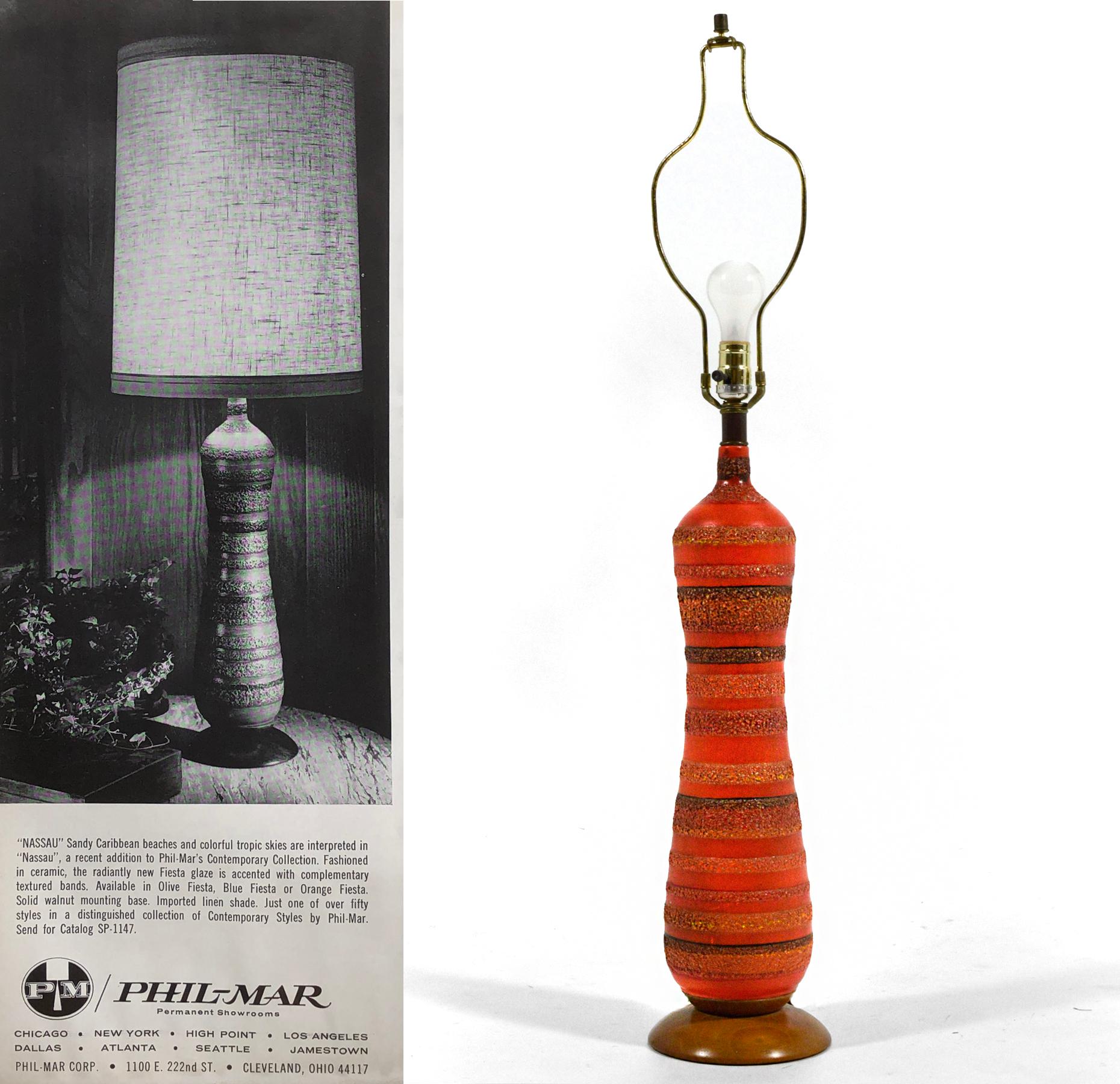 Mid-Century Modern Phil-Mar Ceramic Table Lamp with Rich Orange Glaze For Sale
