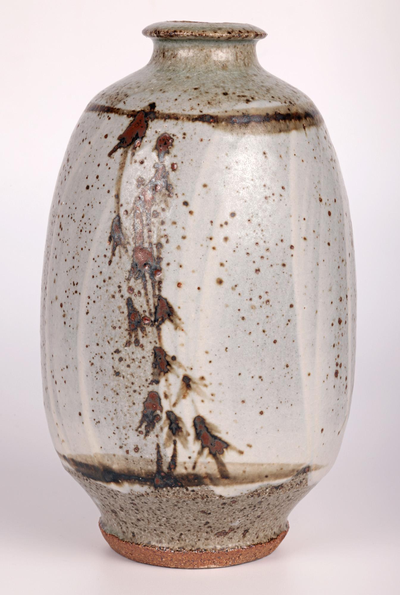 Stoneware Phil Rogers Studio Pottery Ash Glazed Vase with Foliate Designs  For Sale