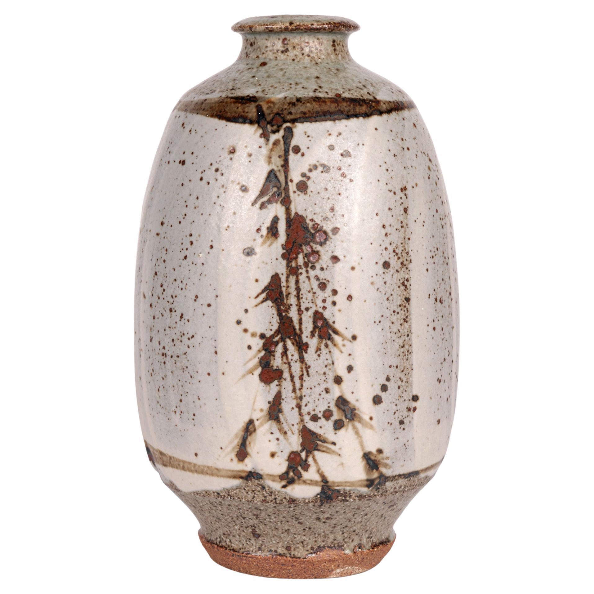 Phil Rogers Studio Pottery Ash Glazed Vase with Foliate Designs 