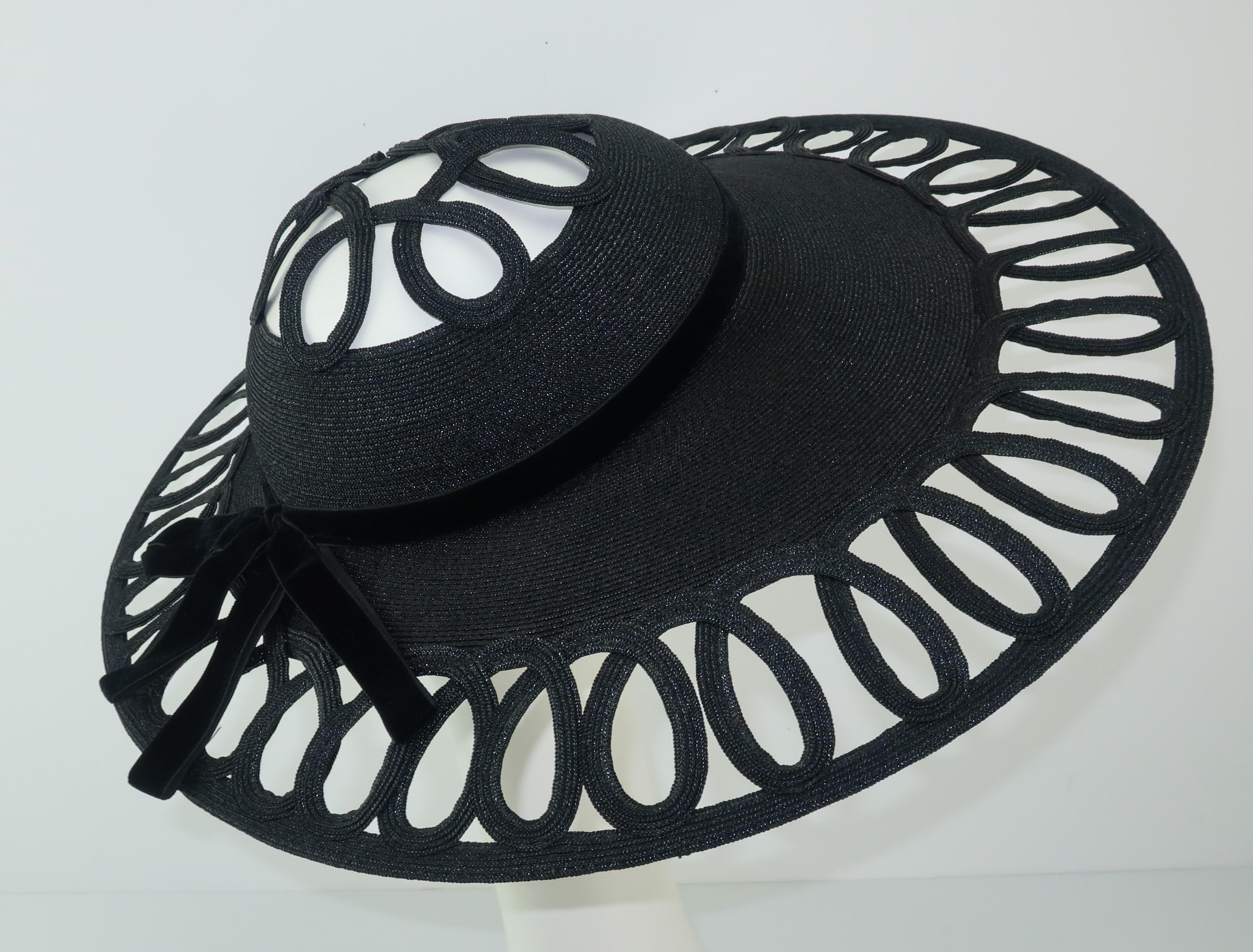 Phil Strann Black Wide Brim Looped Straw Hat, C.1950 In Good Condition In Atlanta, GA