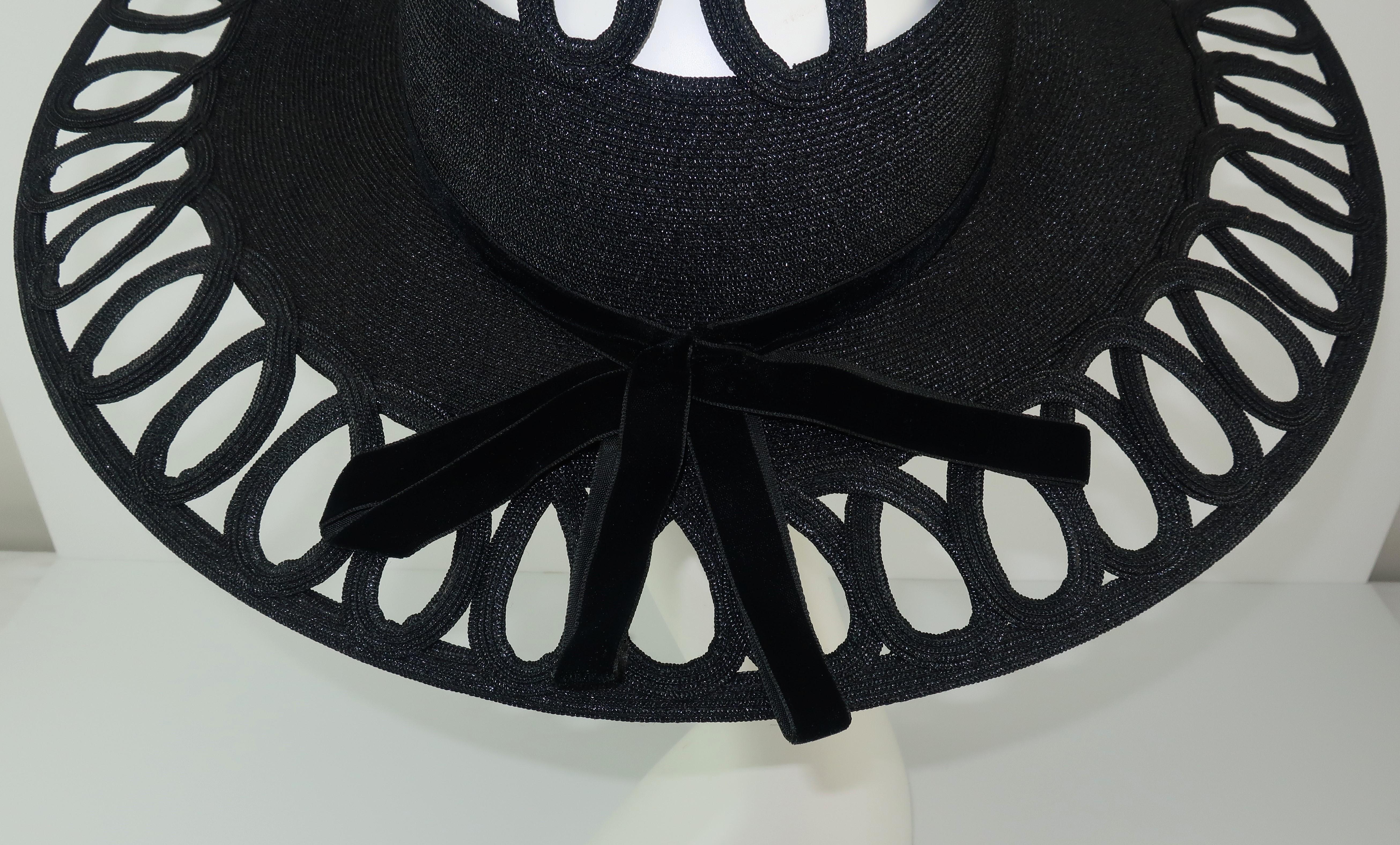 Phil Strann Black Wide Brim Looped Straw Hat, C.1950 2