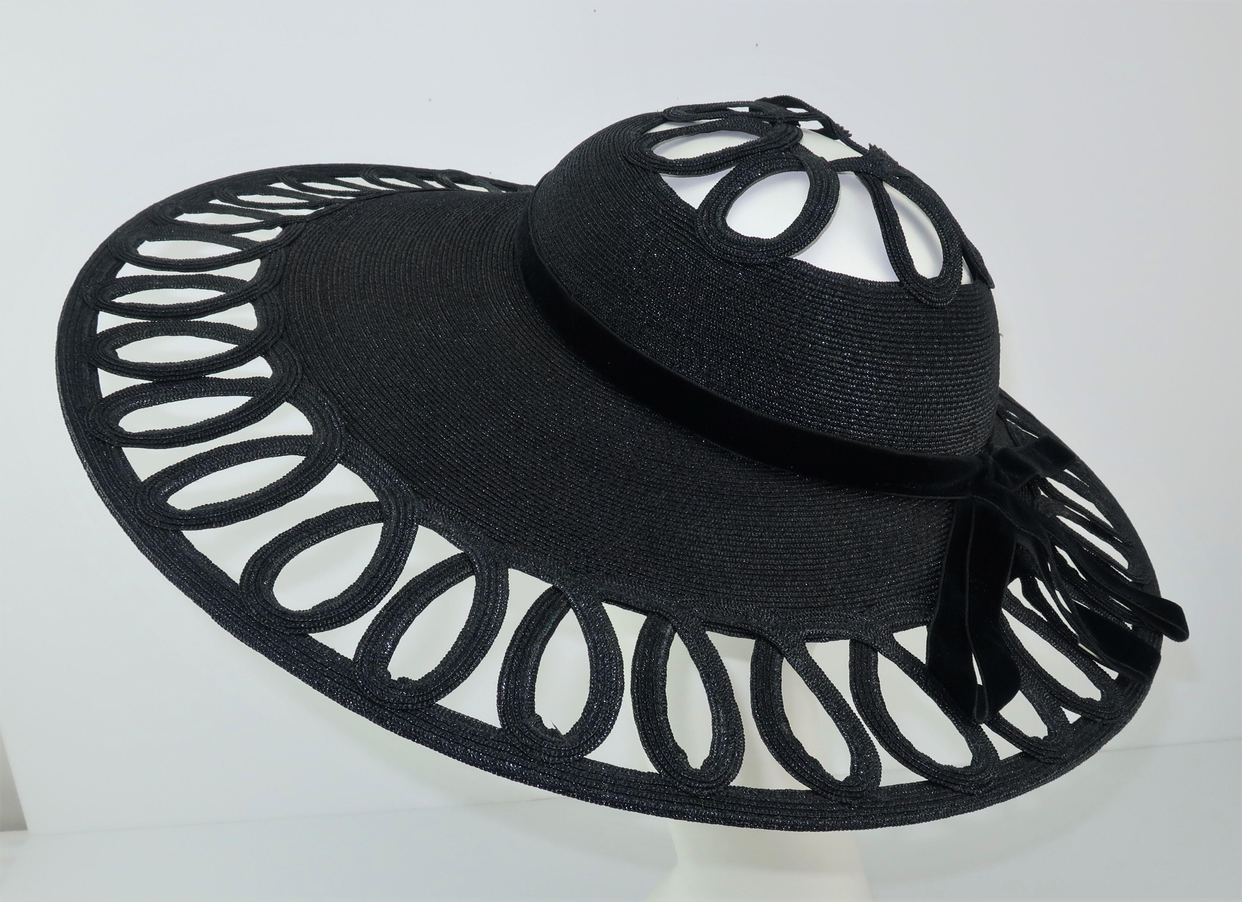 Phil Strann Black Wide Brim Looped Straw Hat, C.1950 4