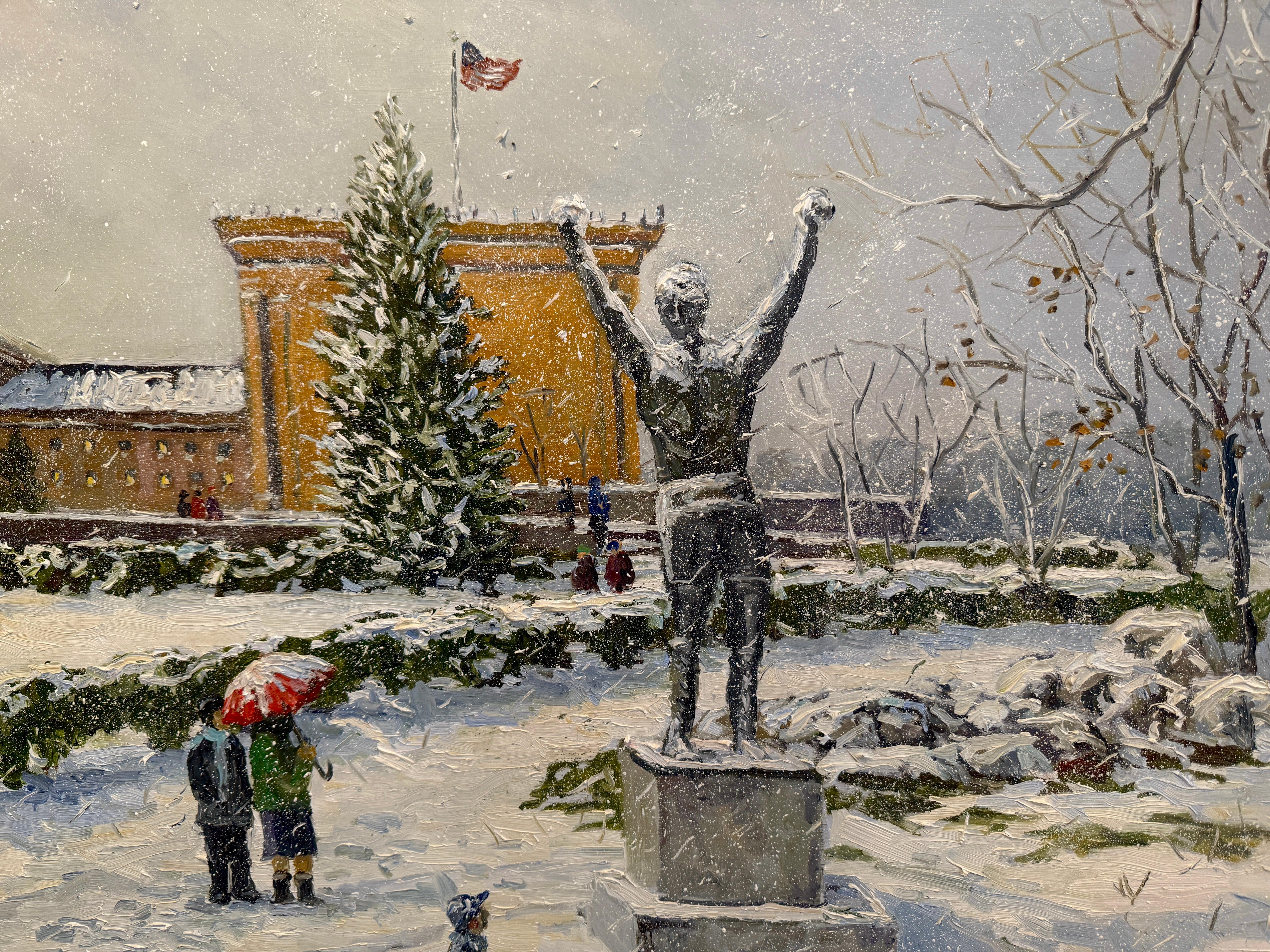 Impressionist Philadelphia Pa, a snowy winter day at the museum. The Philadelphia Museum of Art is covered in a blanket of soft snow as pedestrians walk the stunning grounds and admire the Greek Revival architecture. Admirers and museum goes alike