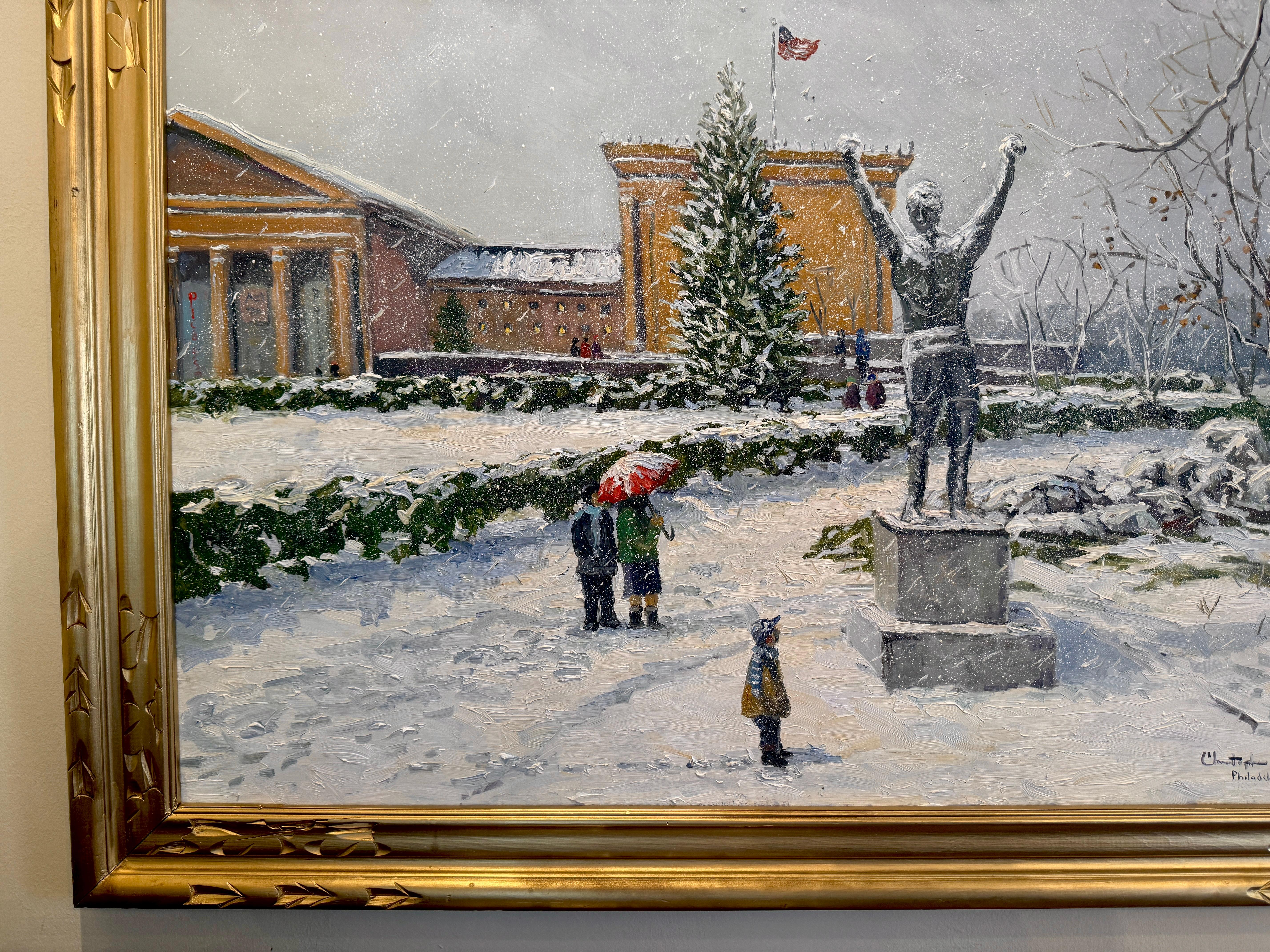Philadelphia Art Museum Impressionist Winter Rocky Monument Scene Oil Painting en venta 1