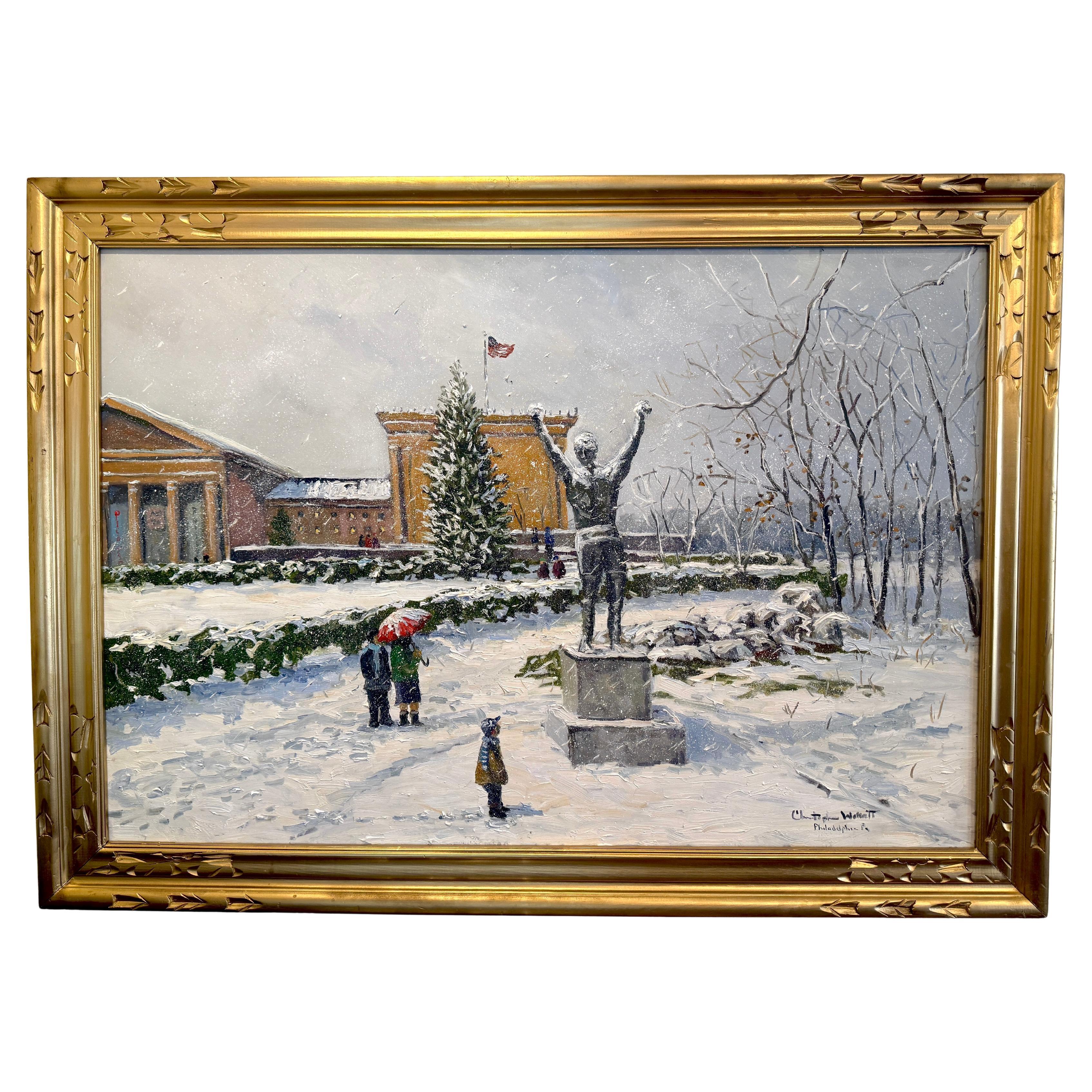 Philadelphia Art Museum Impressionist Winter Rocky Monument Scene Oil Painting