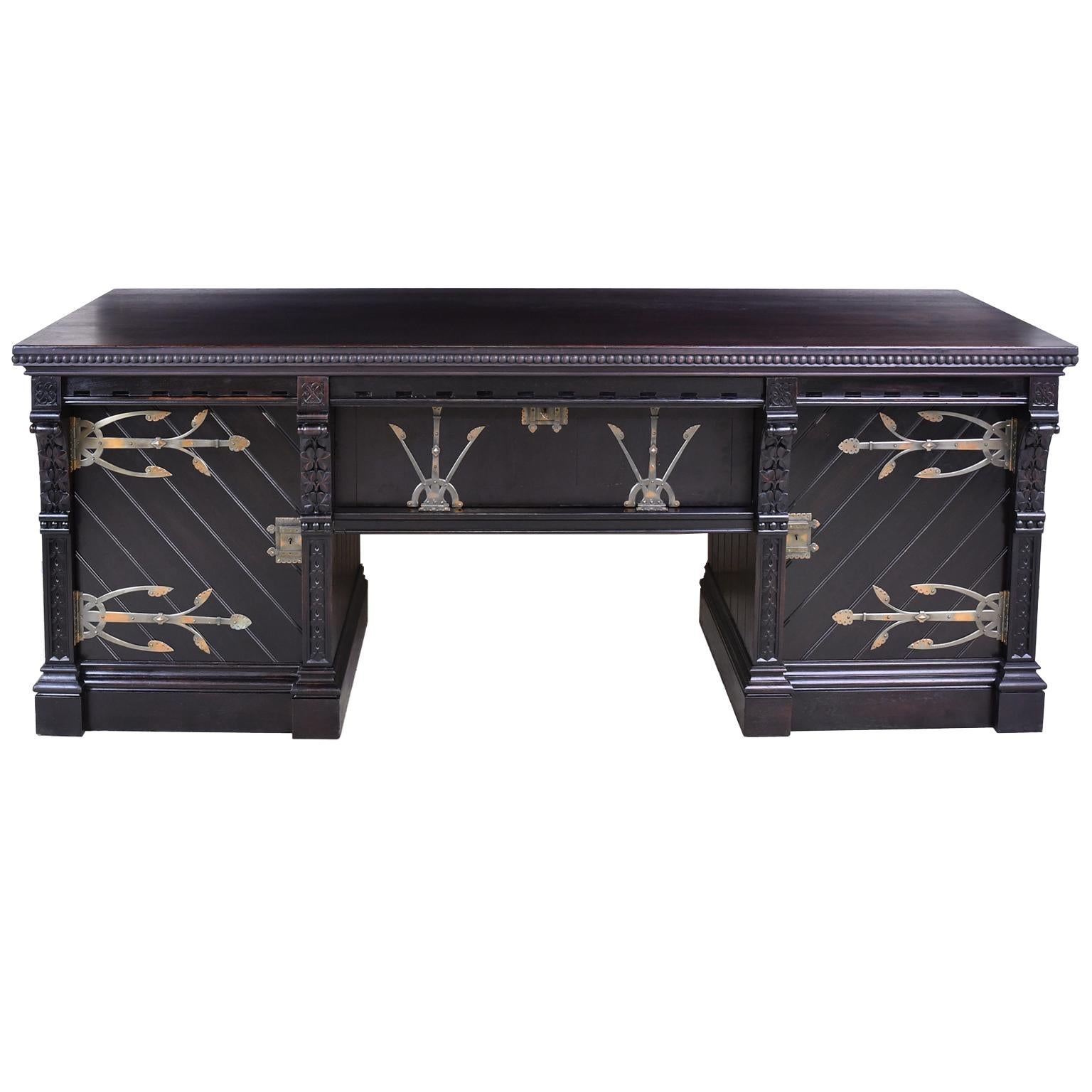 A Philadelphia Arts & Crafts / Aesthetic Movement sideboard in walnut with a facsimile of the original black ebonized finish, attributed to Frank Furness (1839-1912) and likely crafted by Daniel Pabst, Philadelphia, circa 1900. Furness was a leading