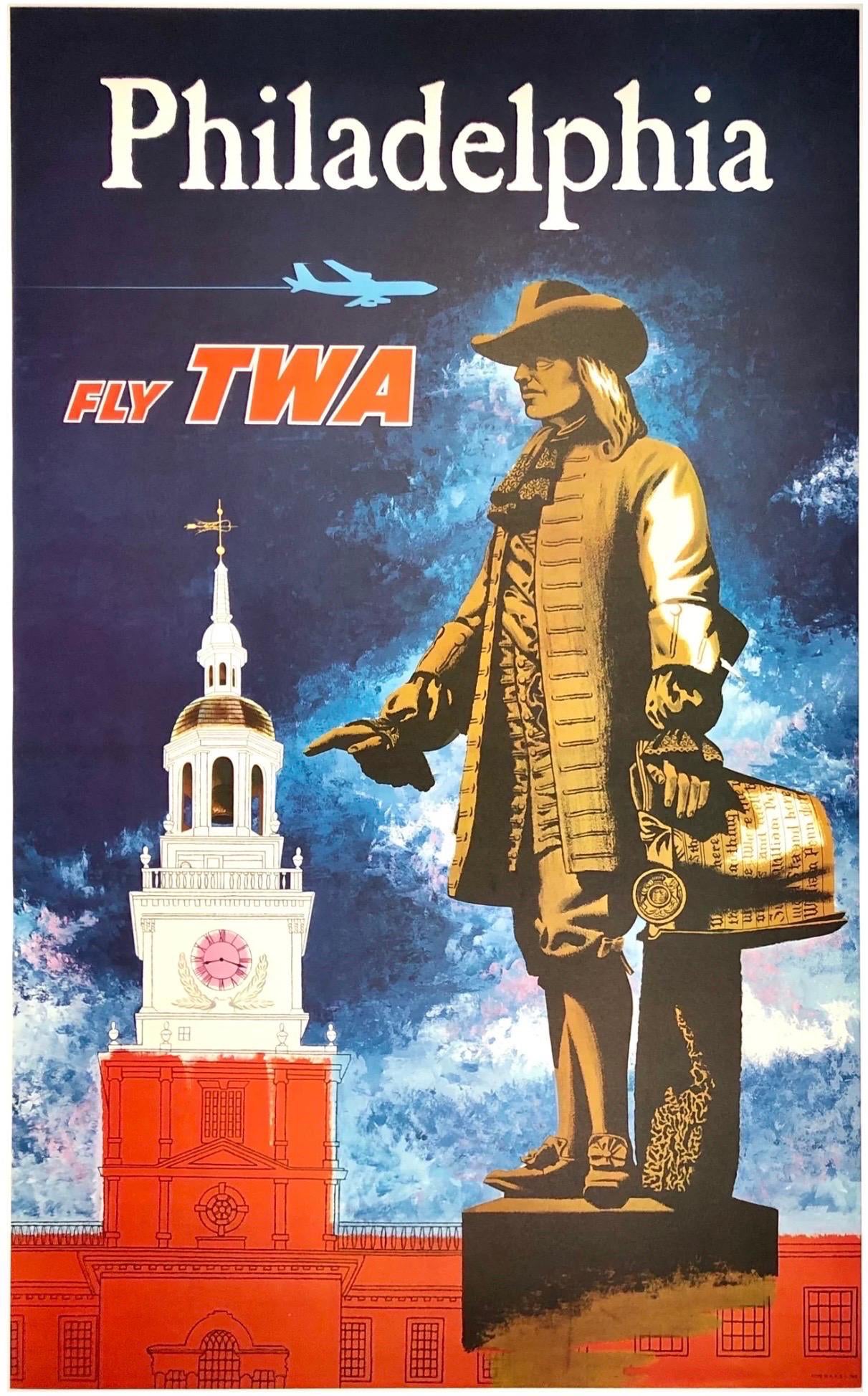 PHILADELPHIA - FLY TWA Authentic Original Vintage Airline Travel Poster 1960s