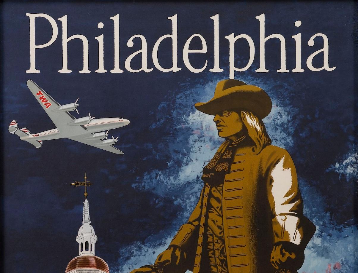 Offered is a stunning and brightly colored travel poster for Trans World Airlines (TWA). The 1950s poster advertises Philadelphia as one of the airline's alluring destinations. The work was designed by Robert Swanson and features an image of the