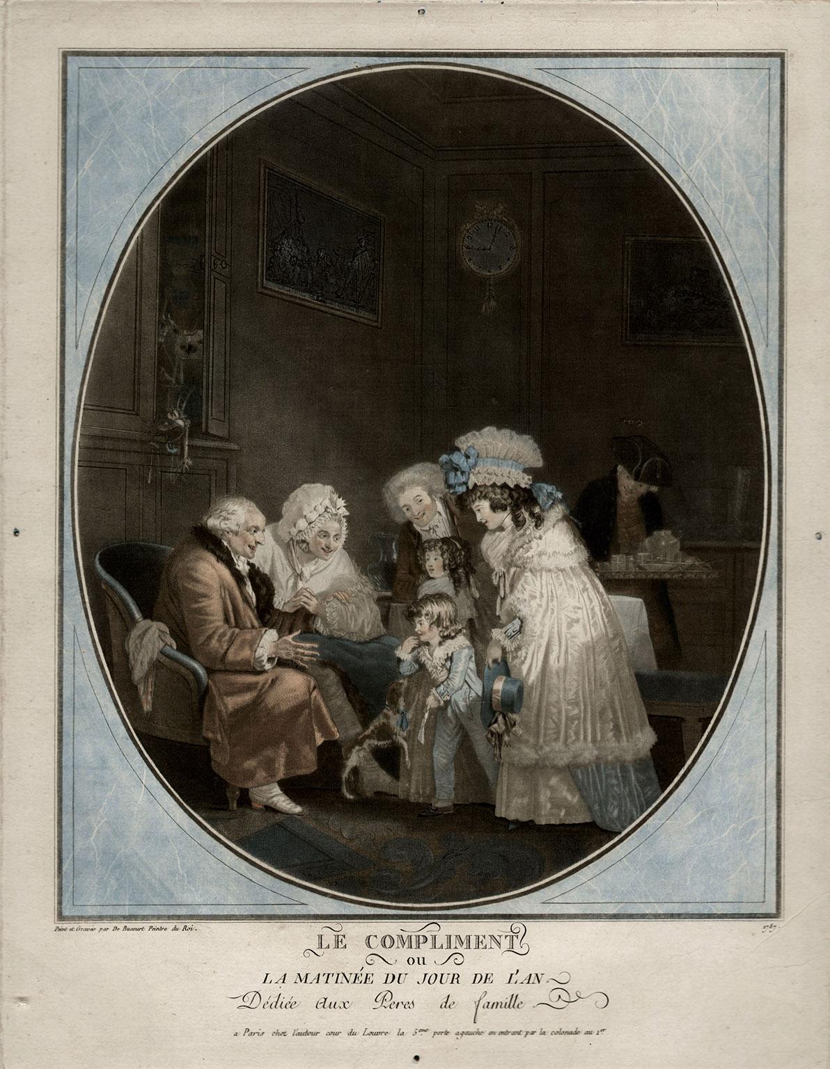 Le Compliment & Les Bouquets, coppia di acquetinte francesi di Debucourt, 1787 e 1788