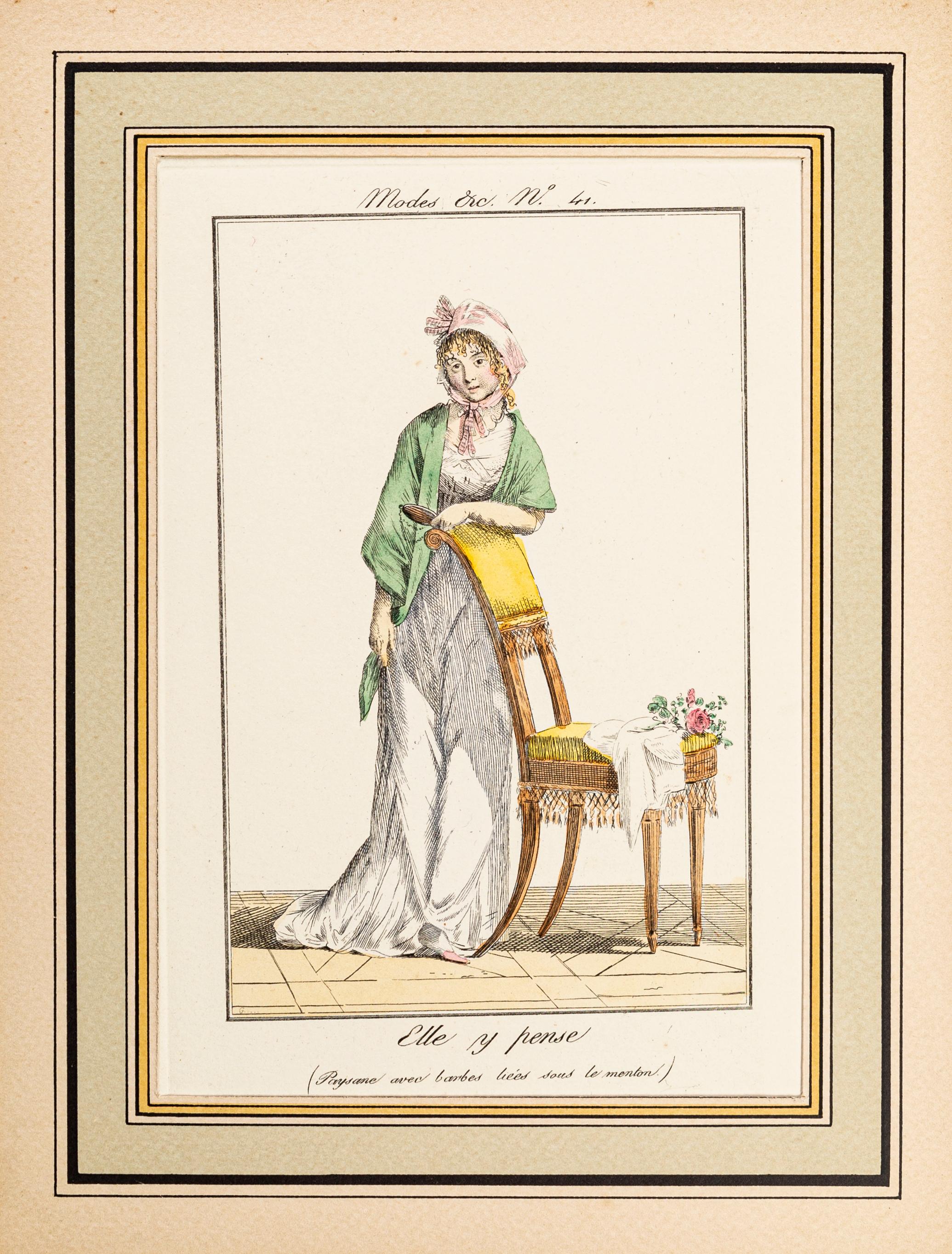 Elle y Pense - From Modes et Manières du jour à Paris à la fin du 18e siècle.. - Print by Philibert-Louis Debucourt
