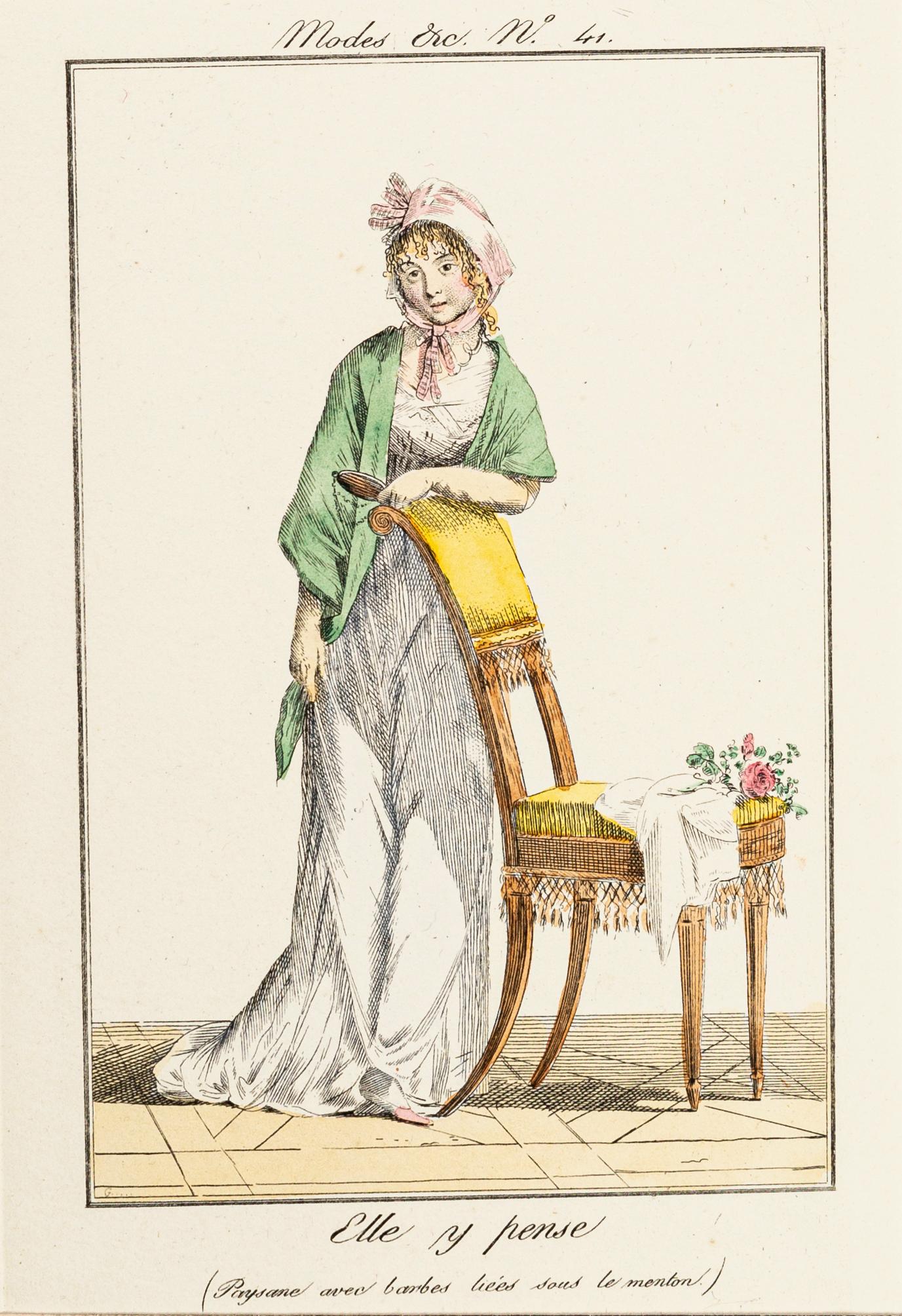 Philibert-Louis Debucourt Figurative Print - Elle y Pense - From Modes et Manières du jour à Paris à la fin du 18e siècle..