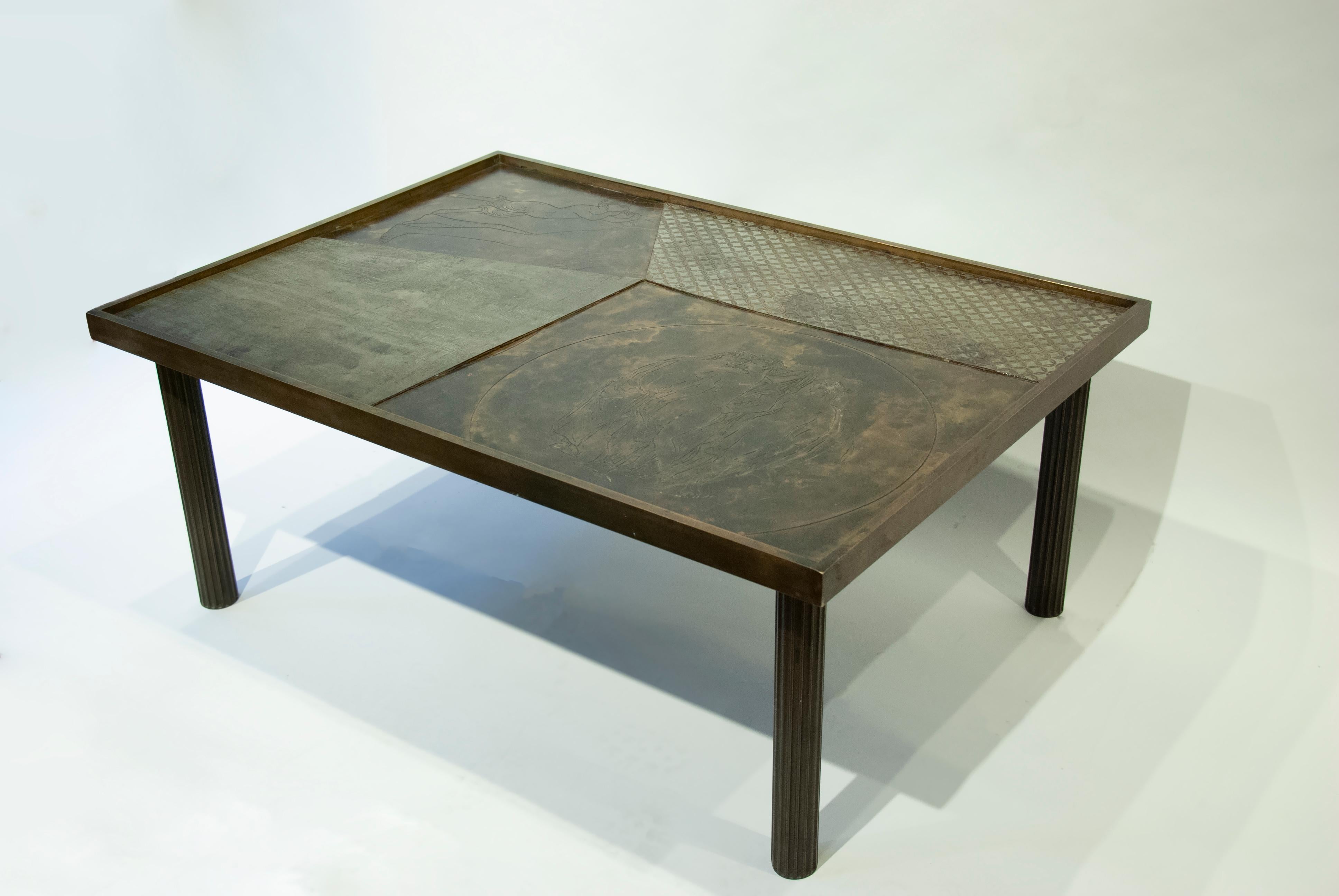 Philip and Kelvin Laverne

Hellenic Memories coffee table
Bronze, pewter and enamel, circa 1960
Measures: 17 1/4” H x 42” L x 30” W
(43.8cm x 106.7cm x 76.2cm)

Philip and Kelvin LaVerne are an American collaborative-design father and son