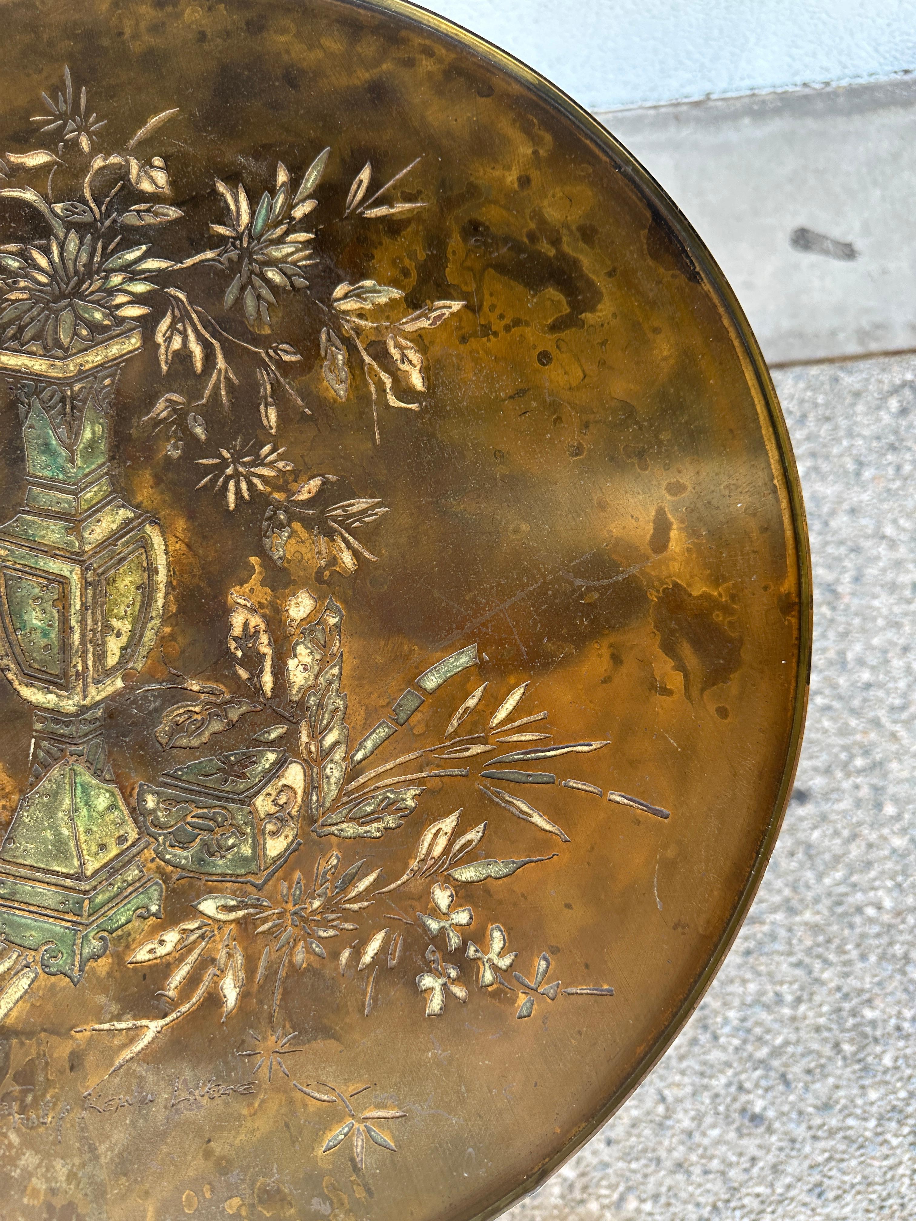 Brass Philip and Kelvin Laverne Acid Etched Floral Design Table For Sale