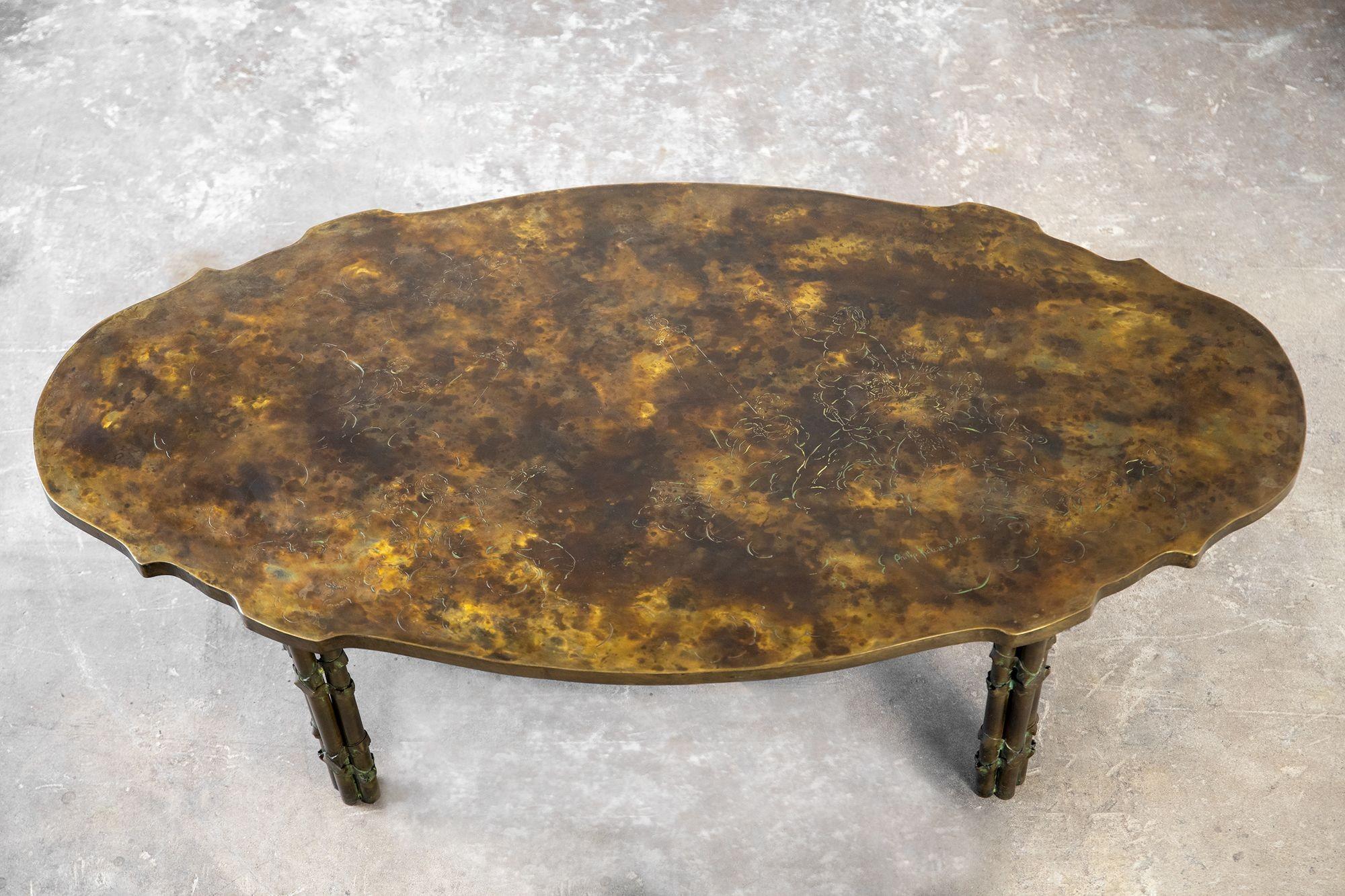 This Boucher cocktail table was designed by Philip and Kelvin Laverne in the 1960s. According to the catalog it is comprised of three separate bronzes inlaid by hand to create one solid bronze background of magnificent light and dark golden brown