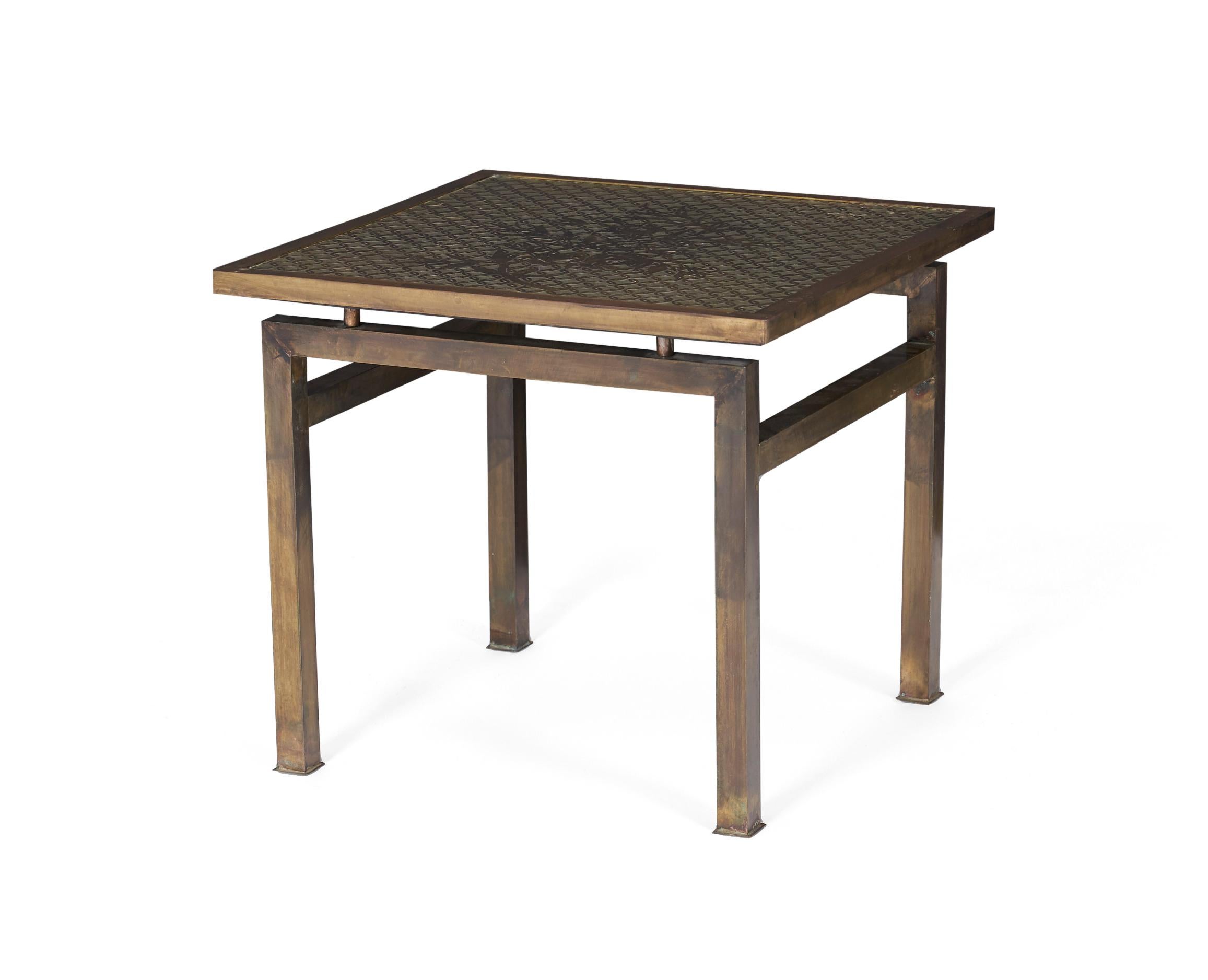 Bronze side table by Philip and Kelvin LaVerne. Beautiful acid etching. Titled Kuan Su.