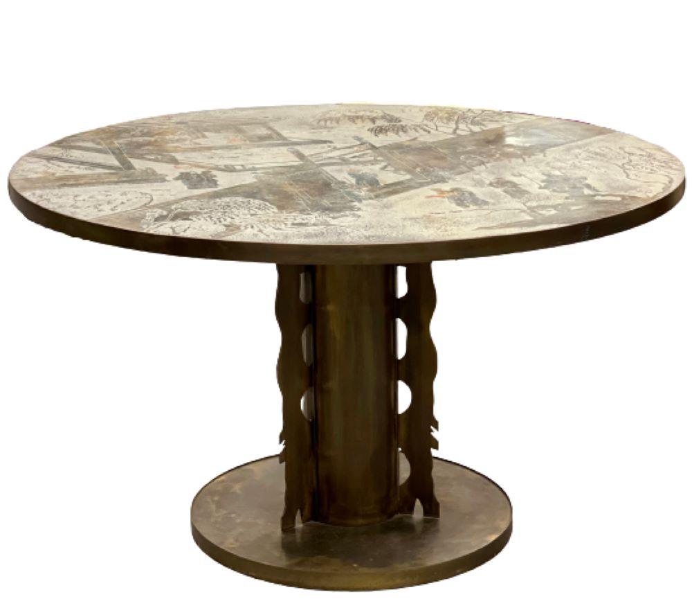 Philip and Kelvin LaVerne center or dining table. A simply stunning pedestal dining table that is certainly going to sparkle in any setting in the home or office. The etched patinated and polychromed bronze and pewter Chan designed table top sitting