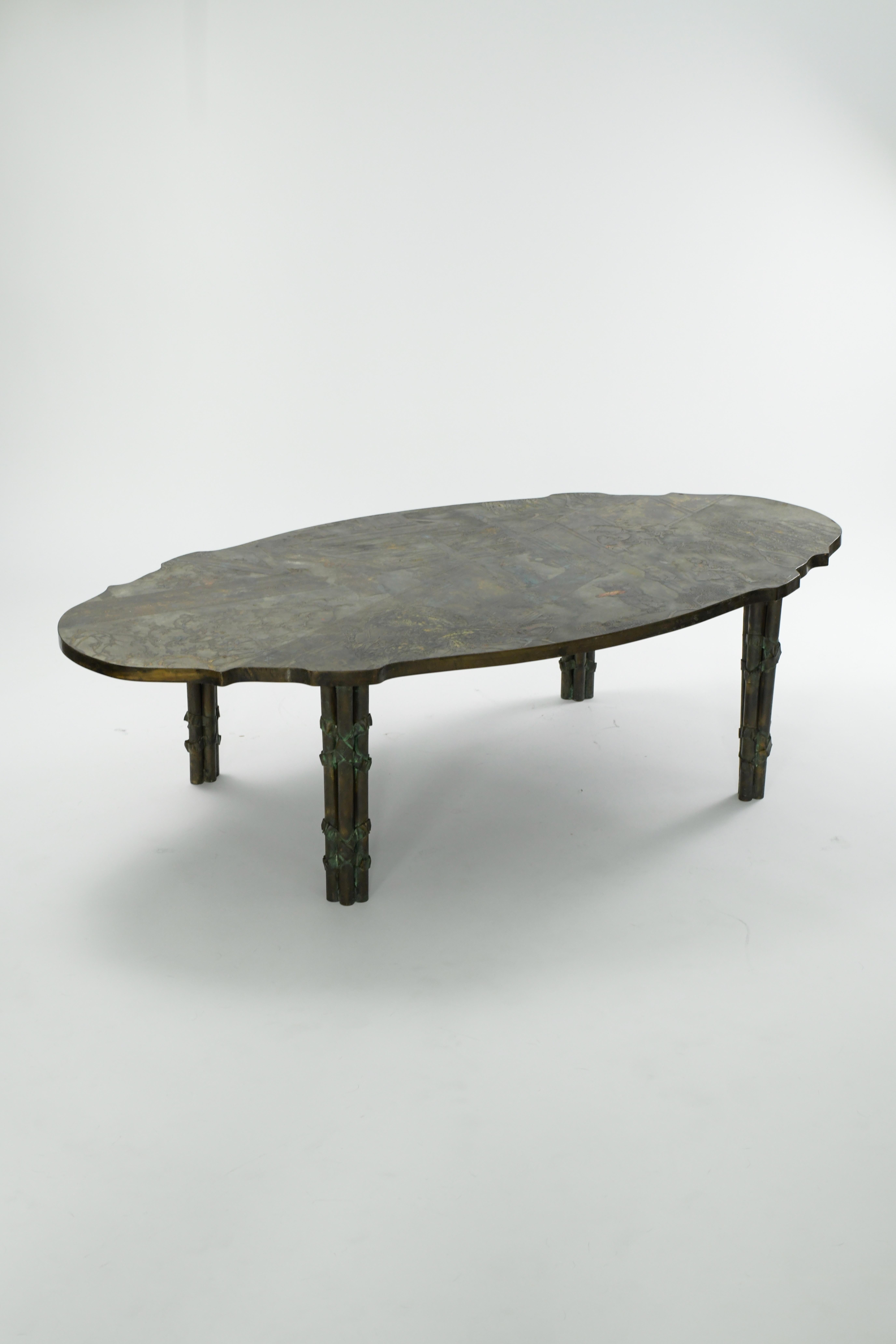Absolutely gorgeous 1960s example of the 'Chan' coffee table by Philip and Kelvin LaVerne. The etched, enameled and patinated bronze table top sits on bundled bronze tube legs. The table has a really nice patina commensurate with age. No flaws