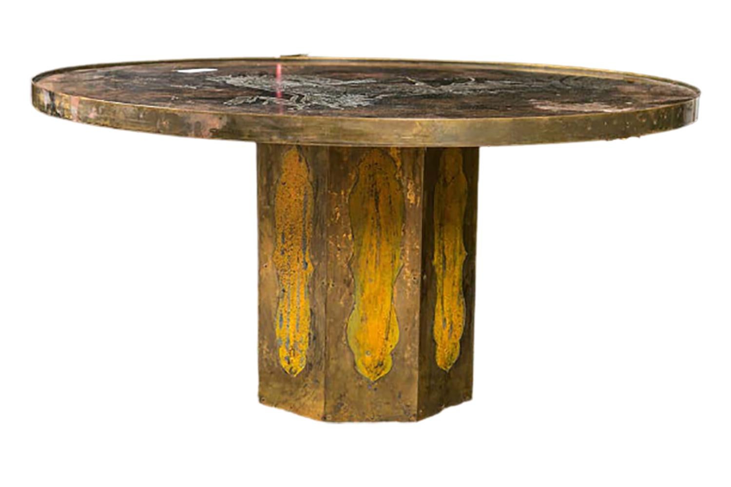 Philip LaVerne (1908-1998) and Kelvin LaVerne (b. 1936) Chan coffee table, New York, circa 1960s patinated and enameled bronze and pewter. Asian decorated top on an octagonal base. Acid-etched and enameled patinated brass over pewter over wood 18