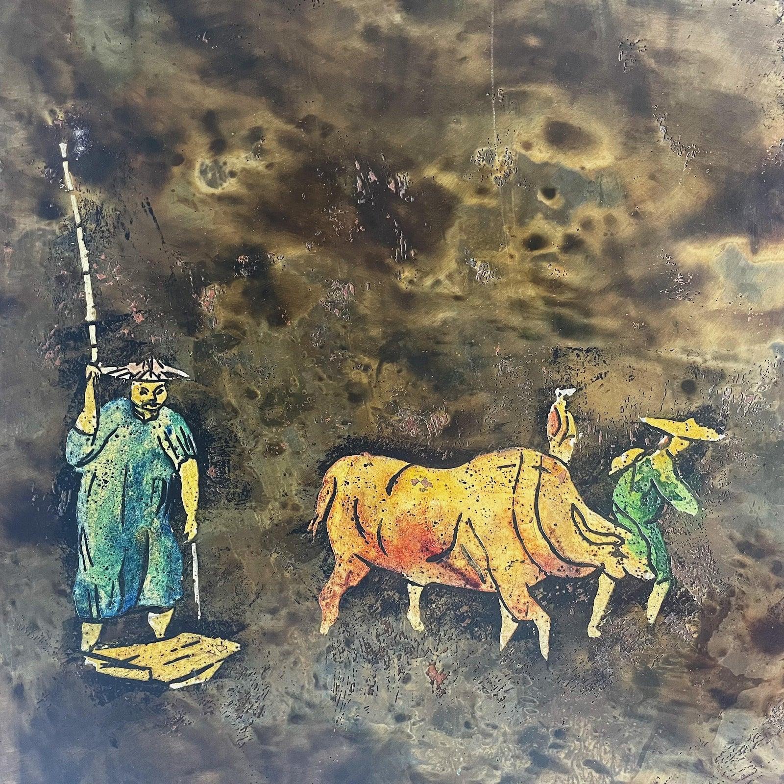 Mid-Century Modern « paysans chinois » de Philip et Kelvin LaVerne  Plaque murale bronze en vente