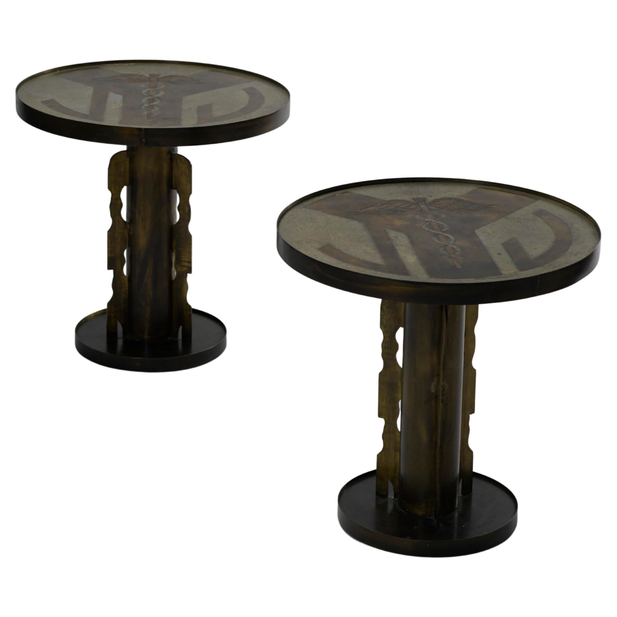 Gorgeous pair of custom Etruscan Caduceus occasional tables by Philip and Kelvin LaVerne. These tables were commissioned by a prominent physician in the 1970's and they are one of a kind. They feature etched, patinated & enameled bronze, brass and