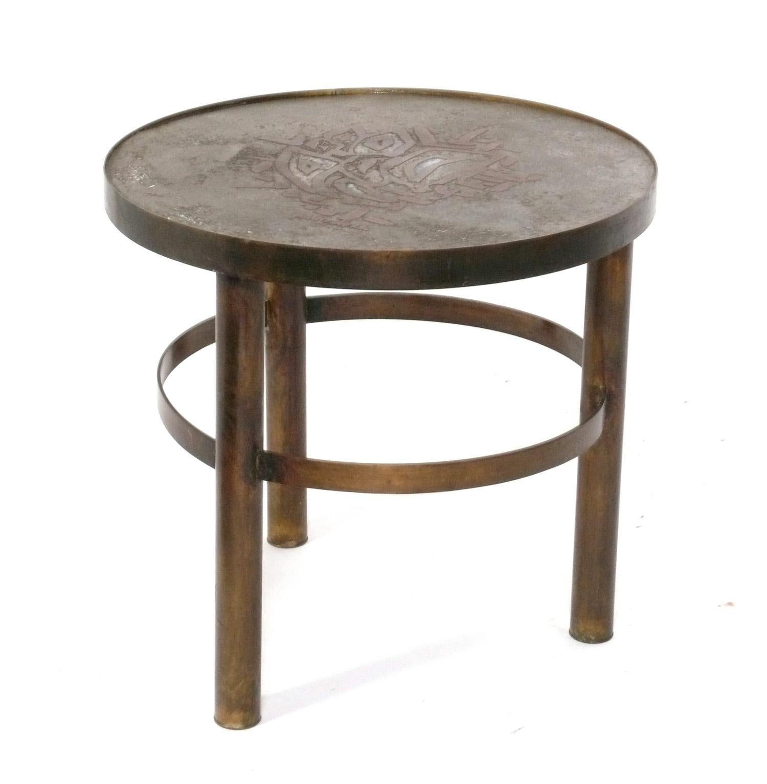 Philip and Kelvin Laverne Pewter and Bronze Side Table with Rare Abstract Design, American, circa 1960s. It is signed to the top, see last photo. This table is a versatile size and can be used as a side or end table, nightstand, or also perfect