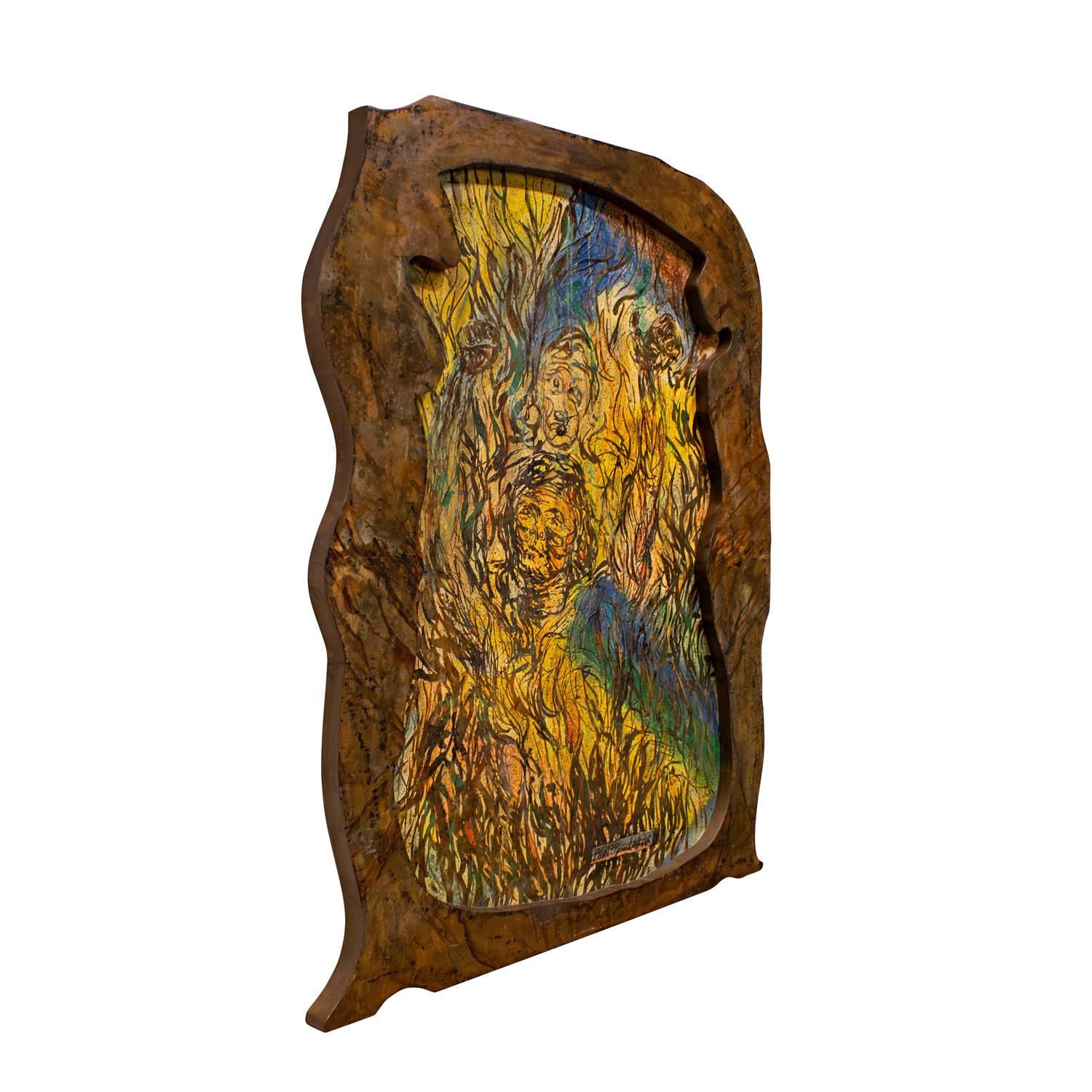 Large and exceptional painting, “Passion”, in patinated and engraved bronze and pewter with vibrant enamel cloisonne and hand-brazed sculptured frame by Philip & Kelvin LaVerne, American 1960s (Signed “Philip Kelvin LaVerne” on front). This