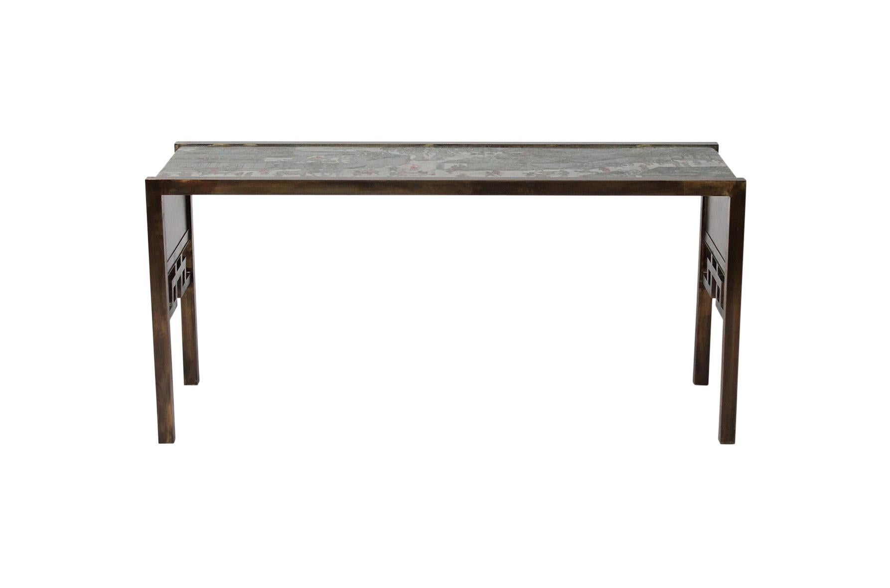 Philip and Kelvin LaVerne “Festival” console table. Etched and patinated bronze and pewter retains strong color and definition in decoration. Signed with raised signature within design and paper label to underside.