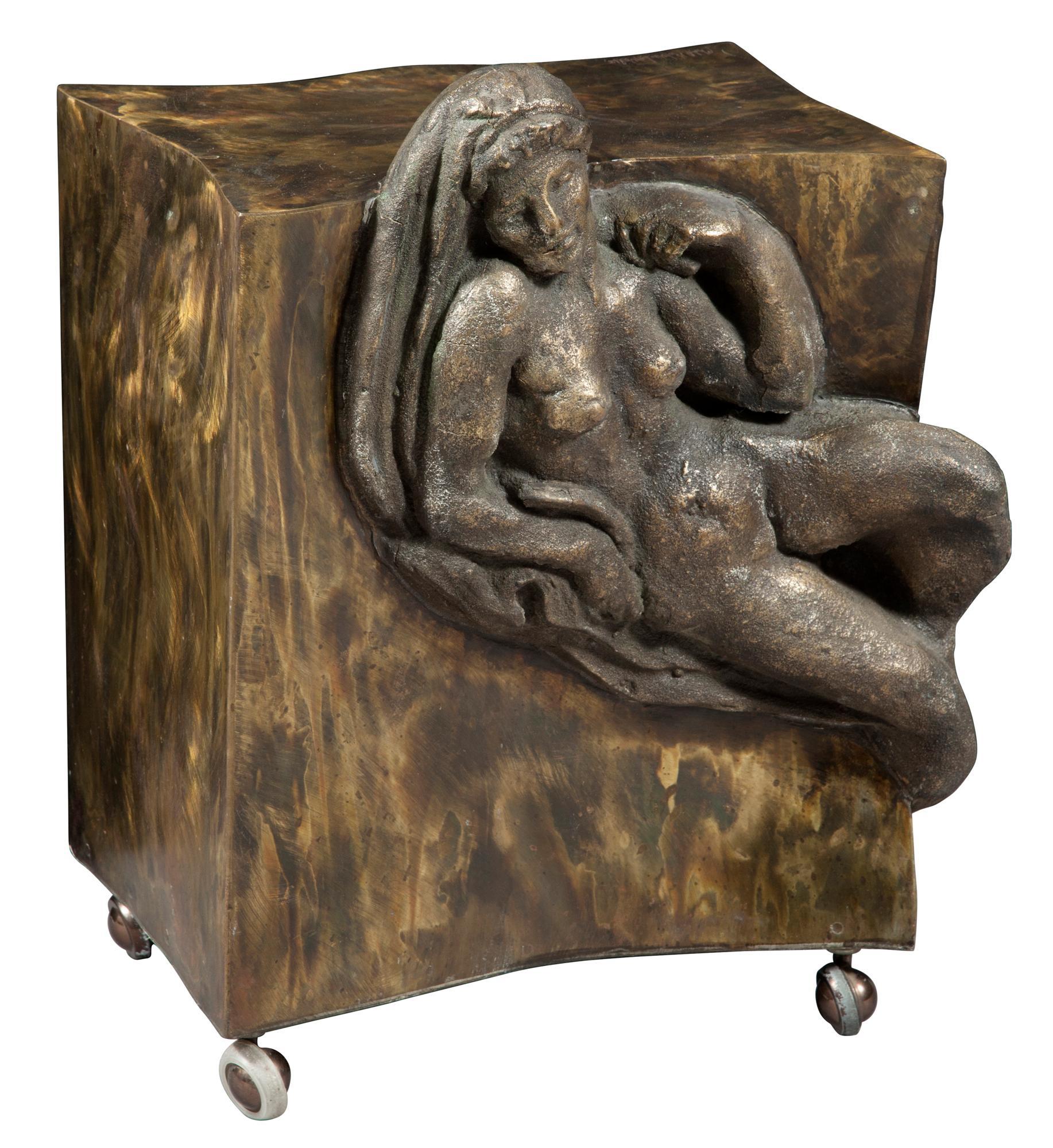 Philip and Kelvin LaVerne figural cube end table. This signed, circa 1970s bronze cube table on casters by this highly sought after father and son duo is said to be the only one currently on the market. This stunning bronze cube table having a naked