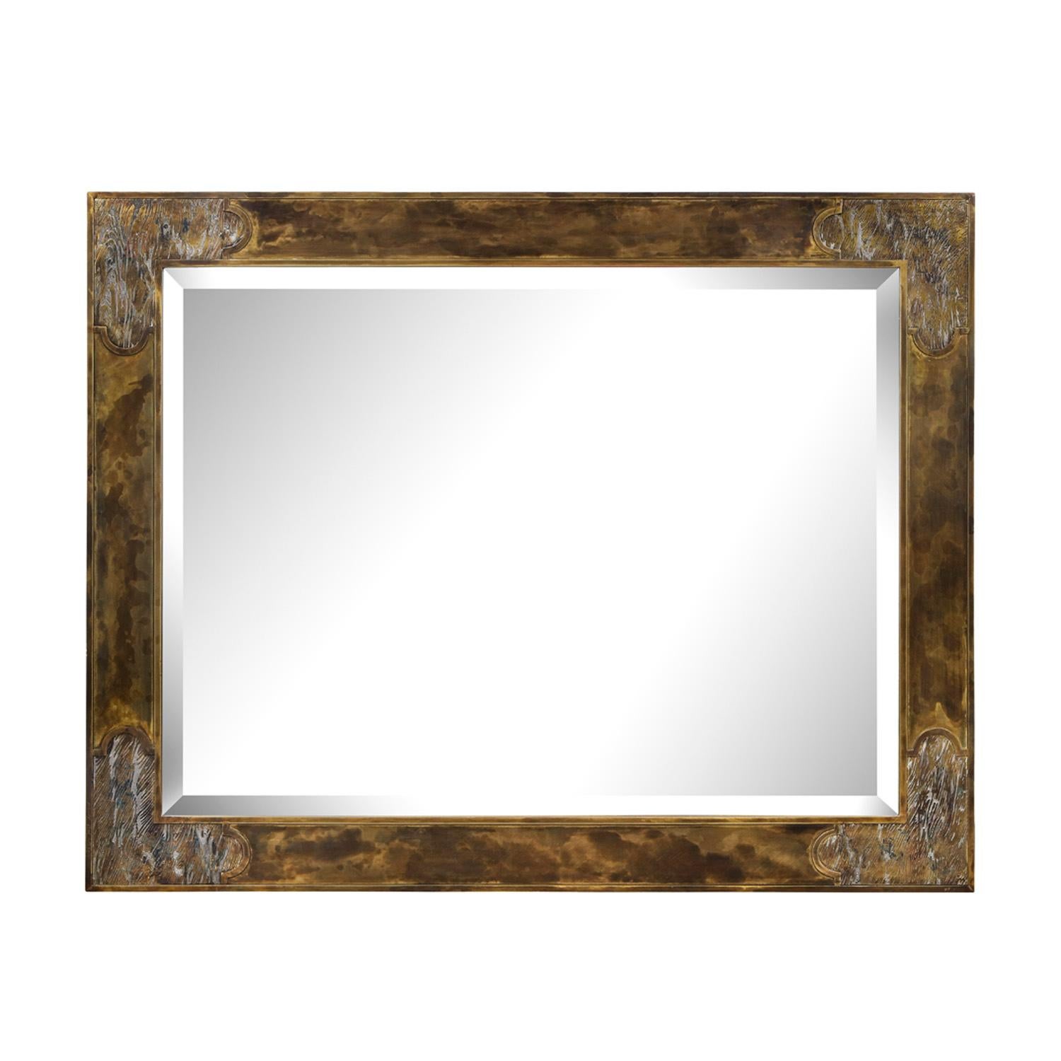 Large and rare wall hanging mirror with frame in patinated bronze and pewter with corners engraved with “Waves” motif, with hand-painted enamels in blue, green, and orange, by Philip and Kelvin LaVerne, American 1960's (signed “Philip Kelvin