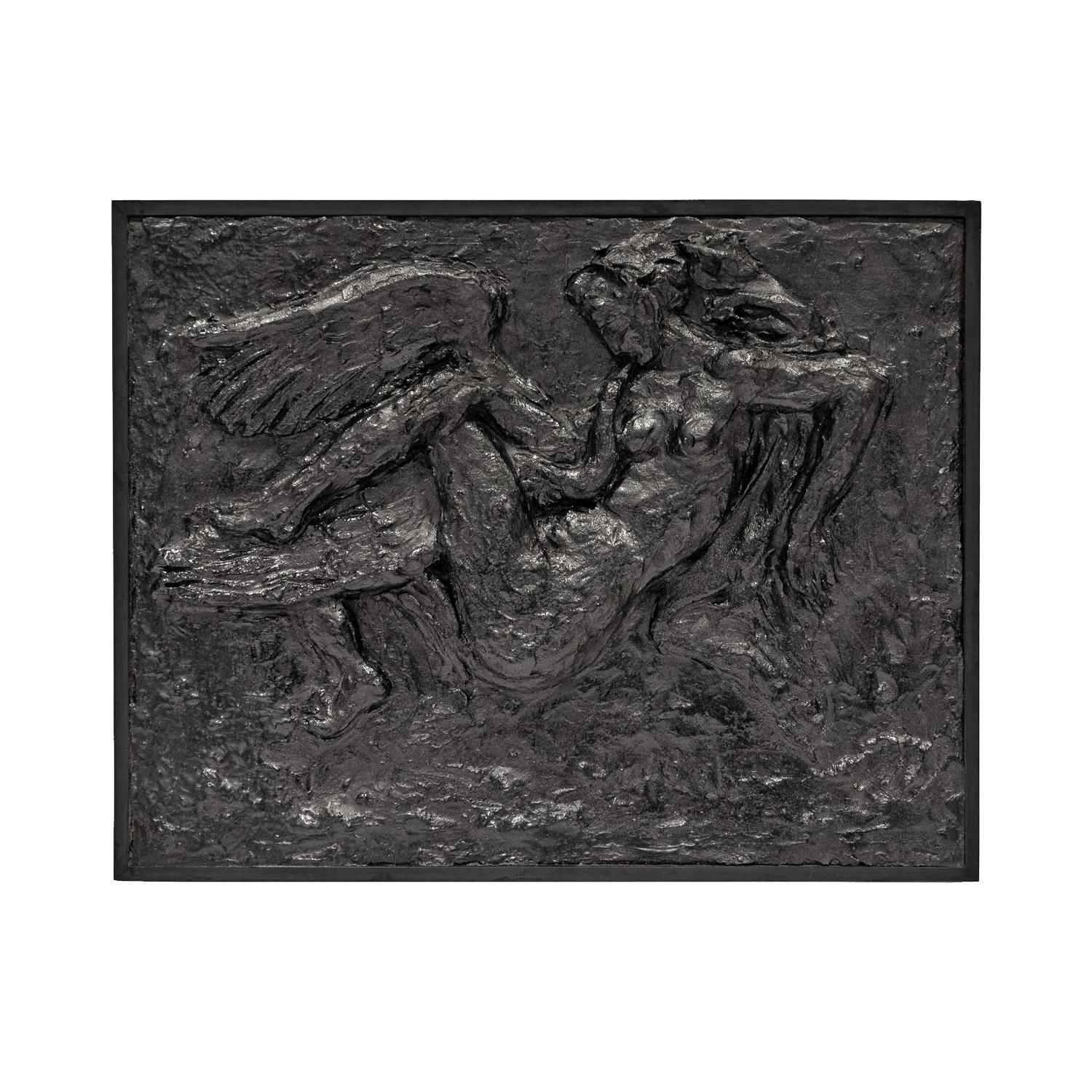 Unique wall sculpture in Hydro Stone plaster with bronze frame depicting the myth of Leda and the Swan by Philip & Kelvin LaVerne, American 1960's (signed “PK LaVerne” on frame).  Leda and the Swan is a Greek myth which the LaVernes revisited with