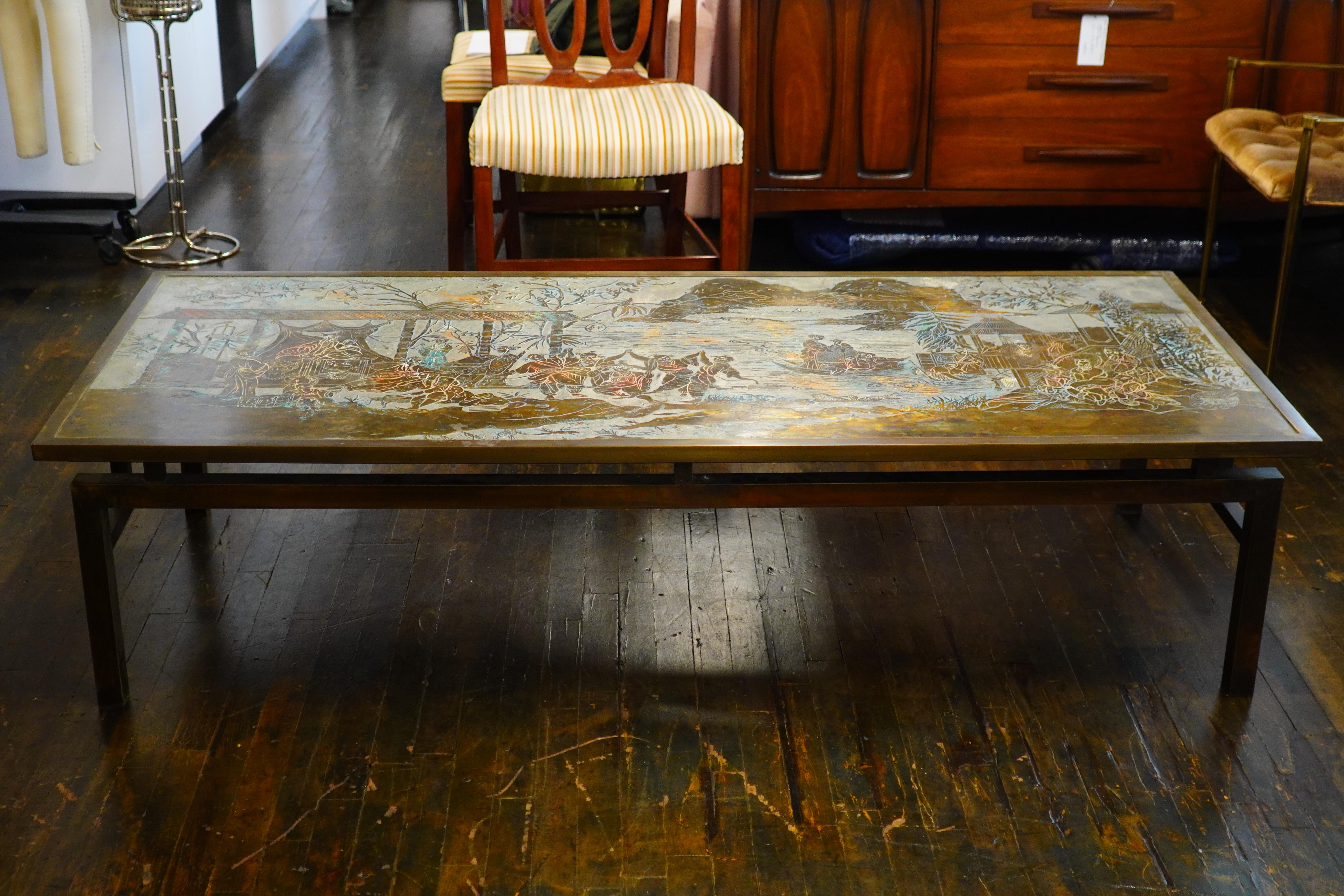 Philip and Kelvin LaVerne, Mid-Century, T'ang Marriage Coffee Table, Etched Bronze, USA c. 1965

Rare and important 'T'ang Marriage' coffee table by Philip and Kelvin LaVerne (also referred to as the Wedding Dance table). This example features an