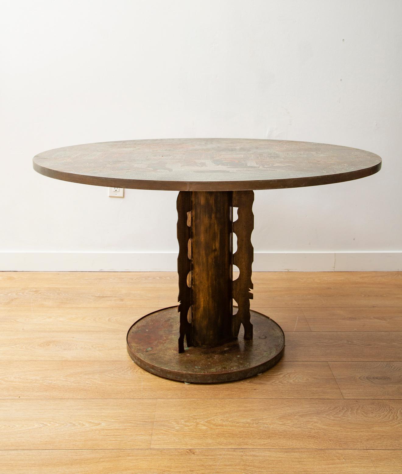 Philip and Kelvin LaVerne Odyssey Center table, New York, circa 1960's,
Etched, patinated and polychromed bronze and pewter,
Superb patina retaining all originals various rich and soft colors
Scene of everyday life in ancient Greece
Signed to the