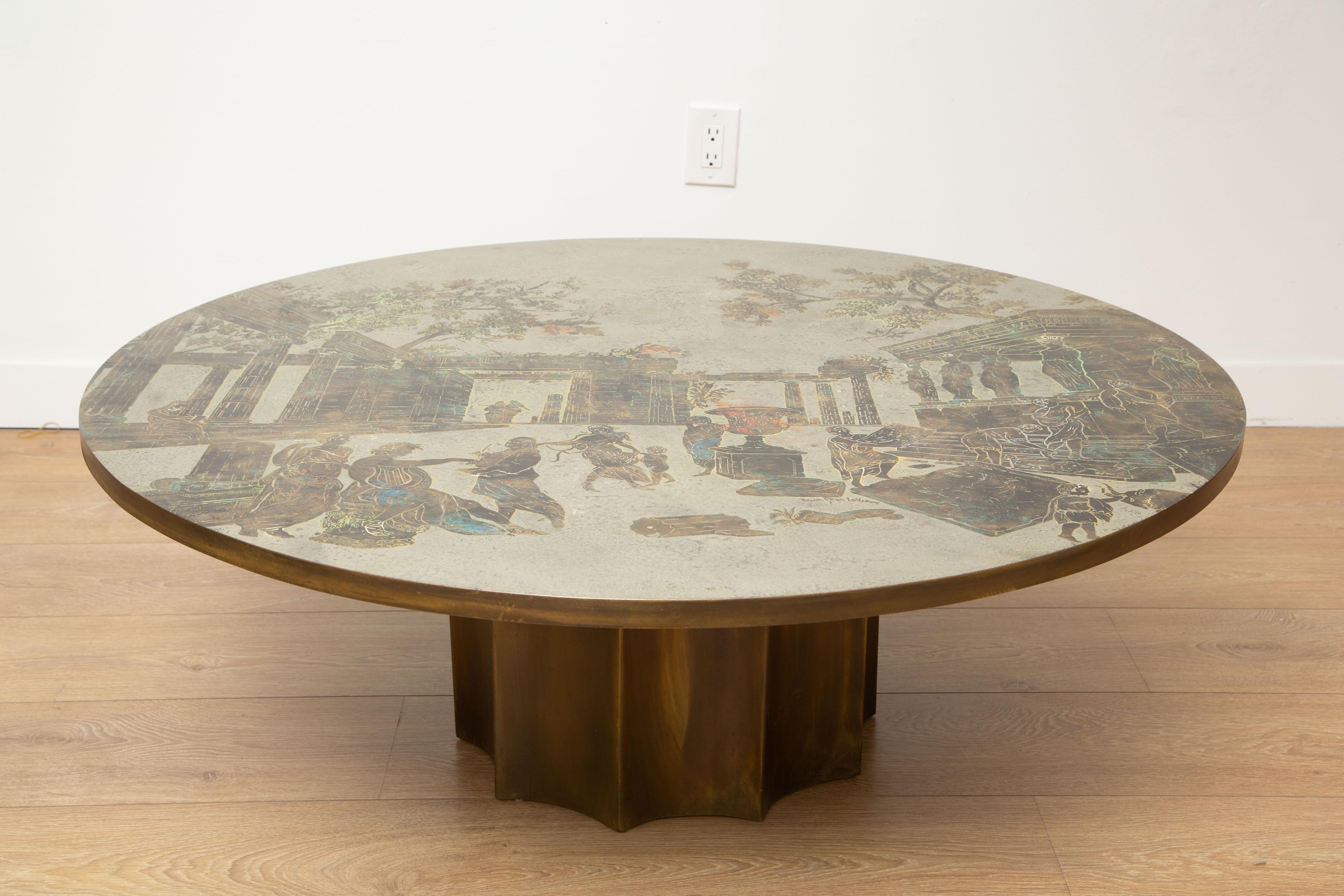 Philip and Kelvin LaVerne Odyssey round coffee table, New York, circa 1960's, 
Etched, patinated and polychromed bronze and pewter, 
Superb patina retaining all originals various rich and soft colors 
Scene of everyday life in ancient Greece
Signed